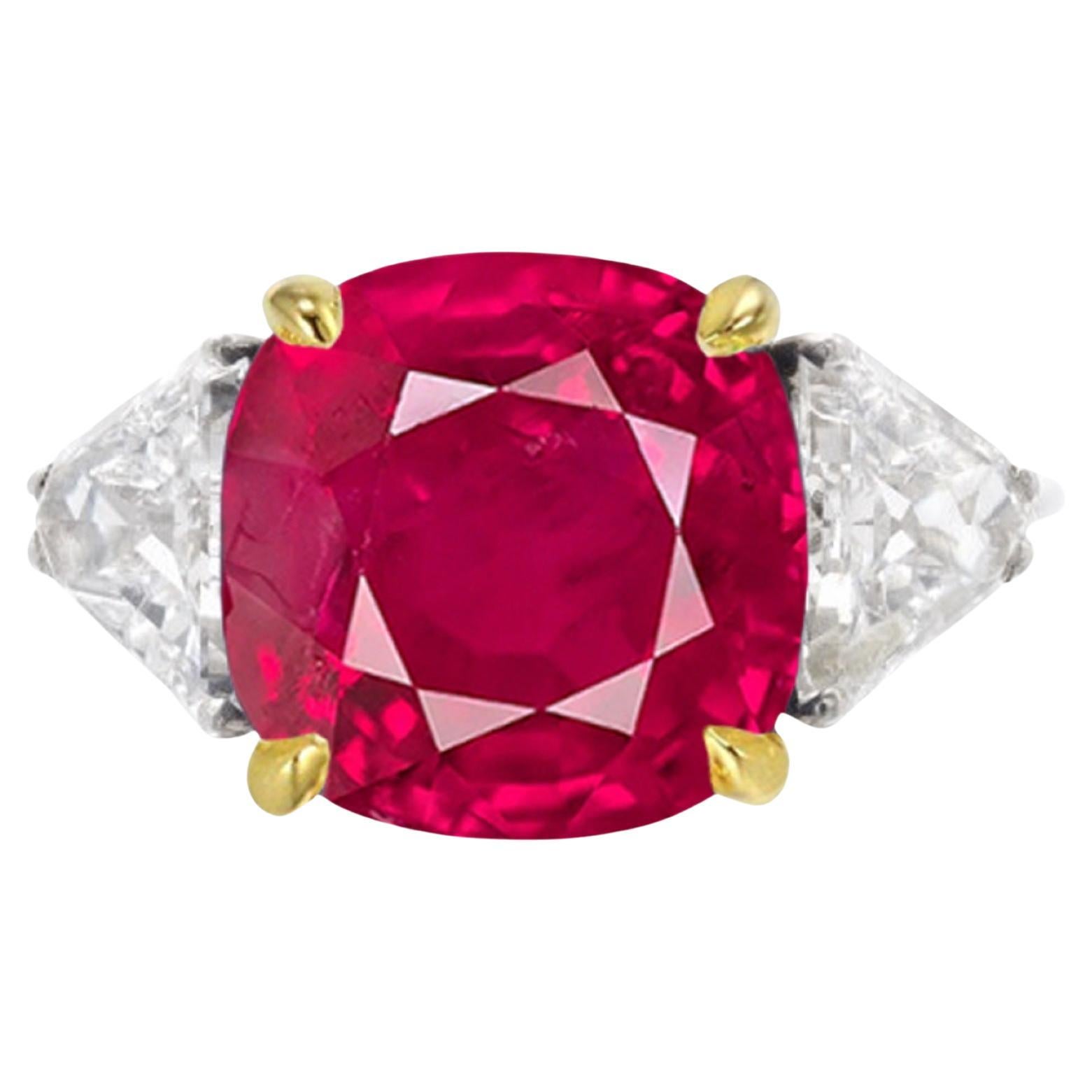 Certified TIGL 5 Carat Pigeon Blood Red Cushion Shape Ruby 18K Gold Ring For Sale