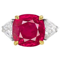 Certified Burma Red Ruby 5 Carat Natural  Ruby Trillion Diamond Ring