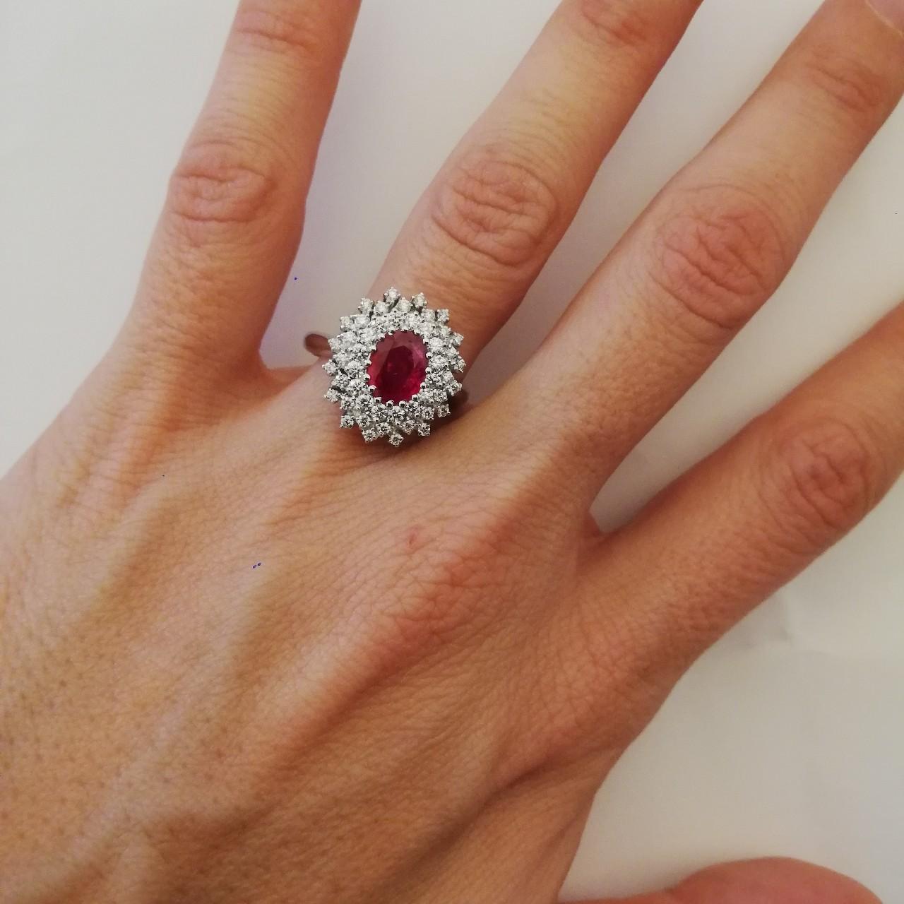 Oval Cut Certified Burma Red Ruby and White Diamond 18 Carat White Gold Cocktail Ring