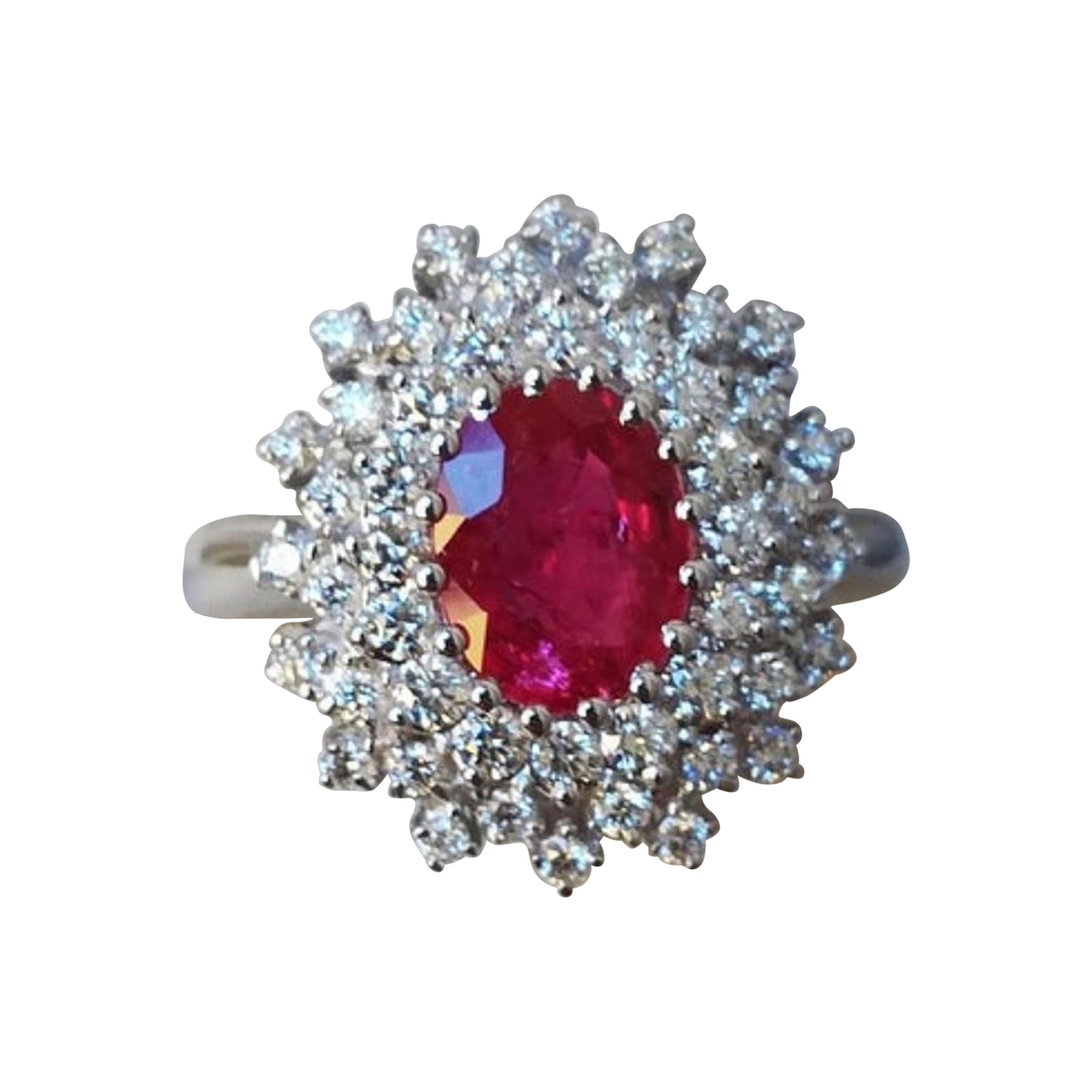 Certified Burma Red Ruby and White Diamond 18 Carat White Gold Cocktail Ring