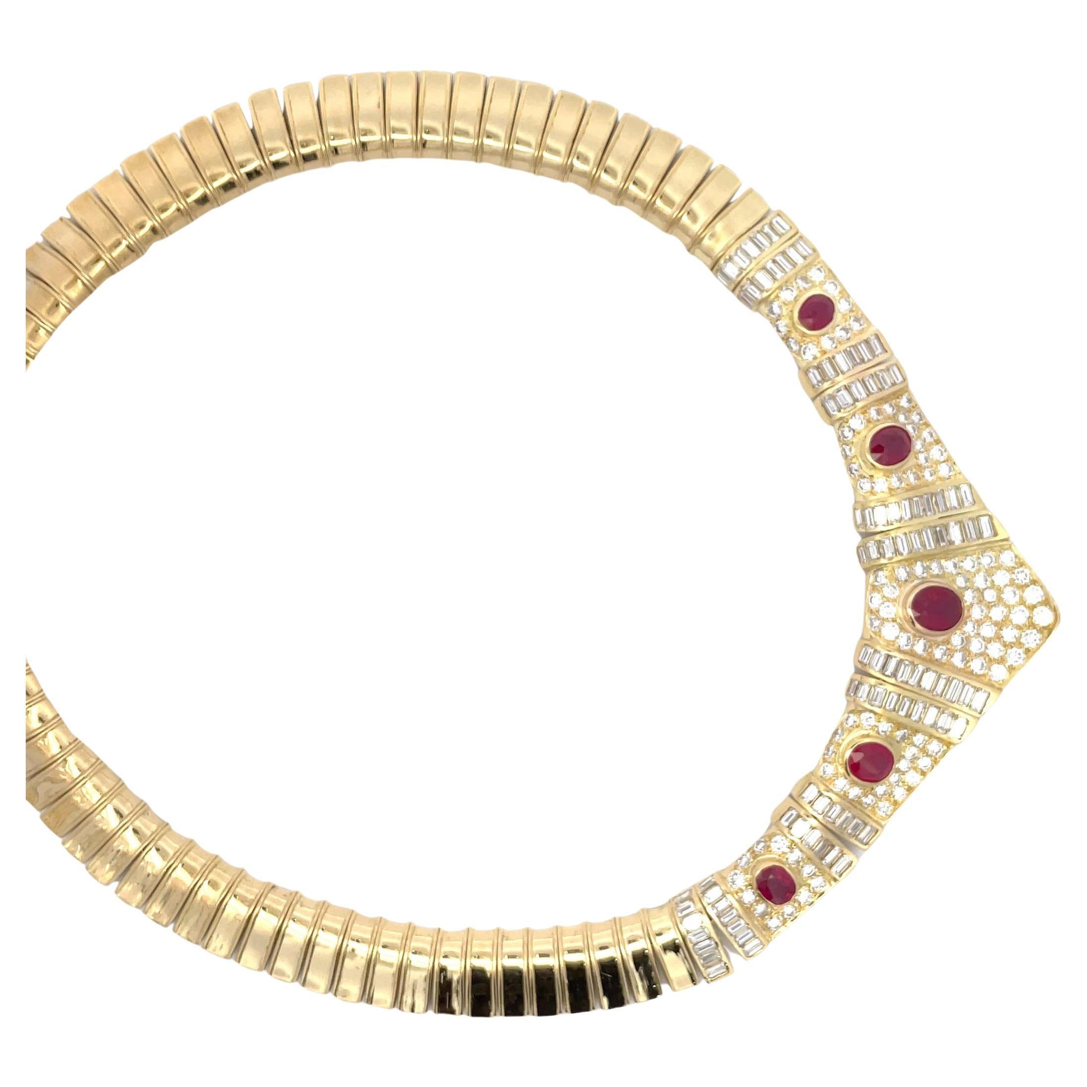 Certified Burma Ruby Diamond Collar Necklace 24.50 Carats 18 Karat Yellow Gold For Sale 4