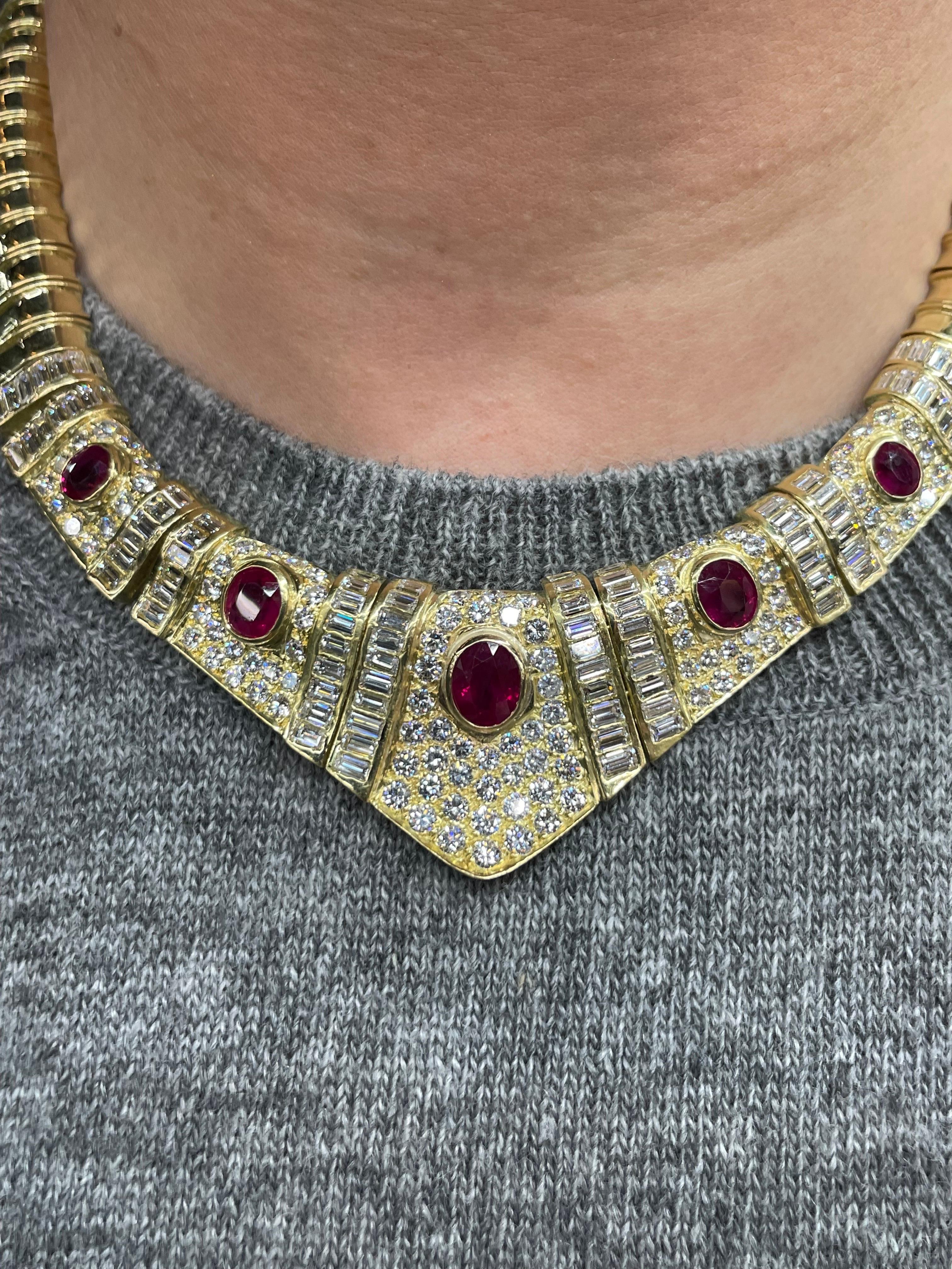 Certified Burma Ruby Diamond Collar Necklace 24.50 Carats 18 Karat Yellow Gold For Sale 6