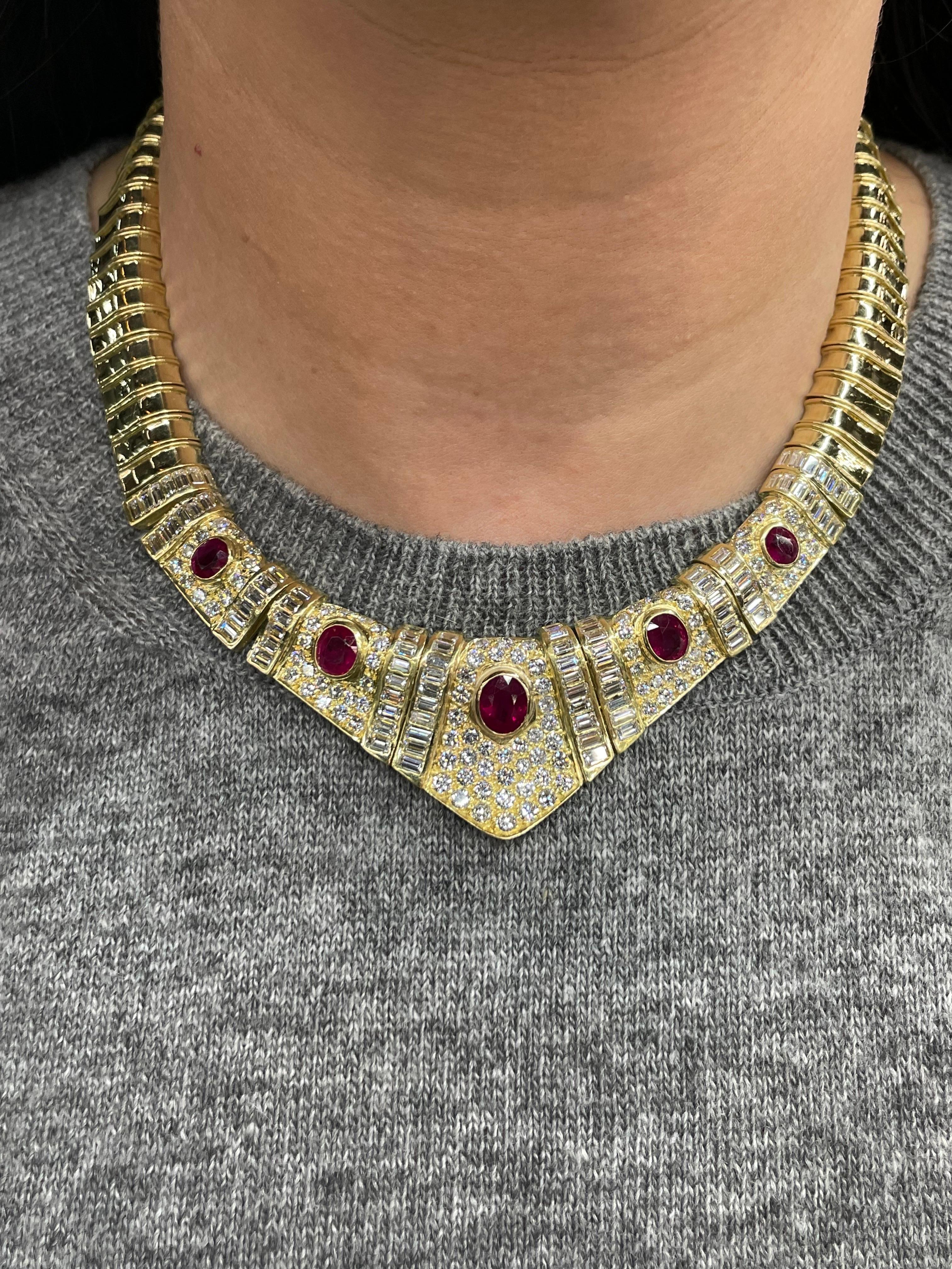 Certified Burma Ruby Diamond Collar Necklace 24.50 Carats 18 Karat Yellow Gold For Sale 8