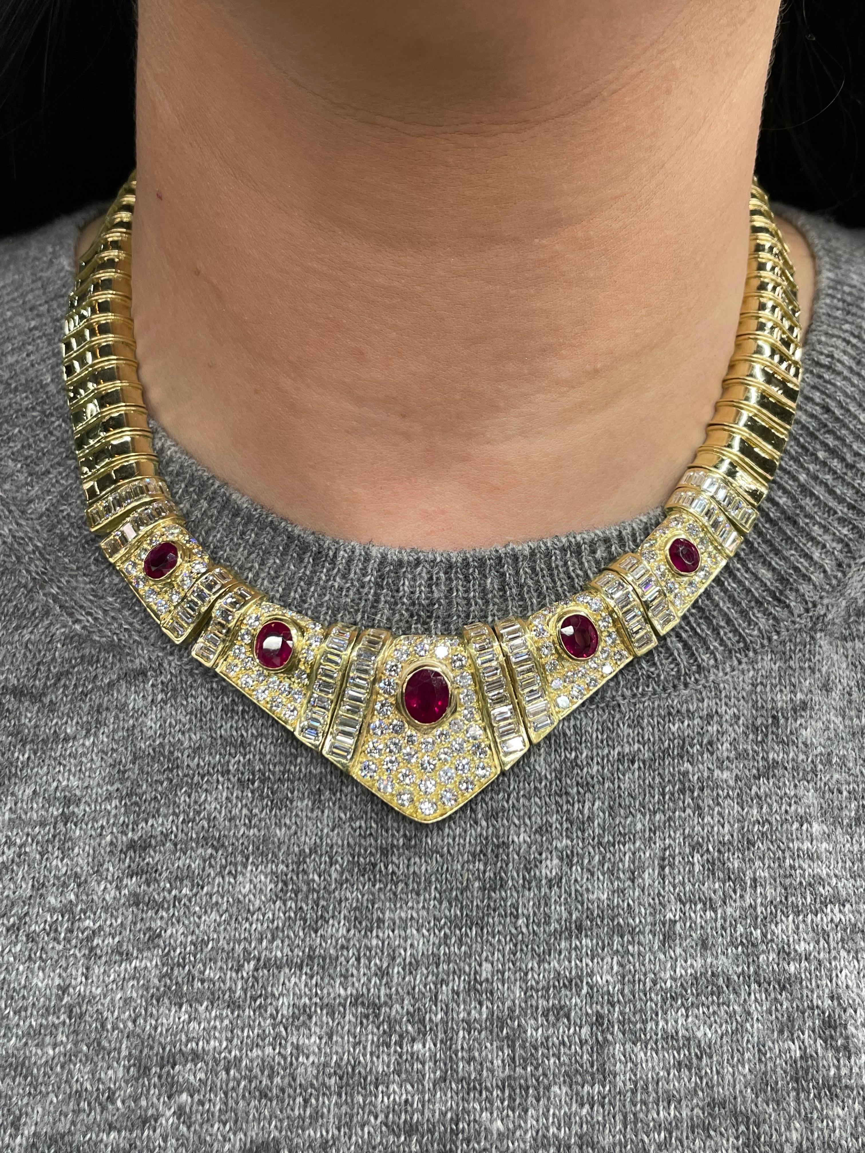 Certified Burma Ruby Diamond Collar Necklace 24.50 Carats 18 Karat Yellow Gold For Sale 9
