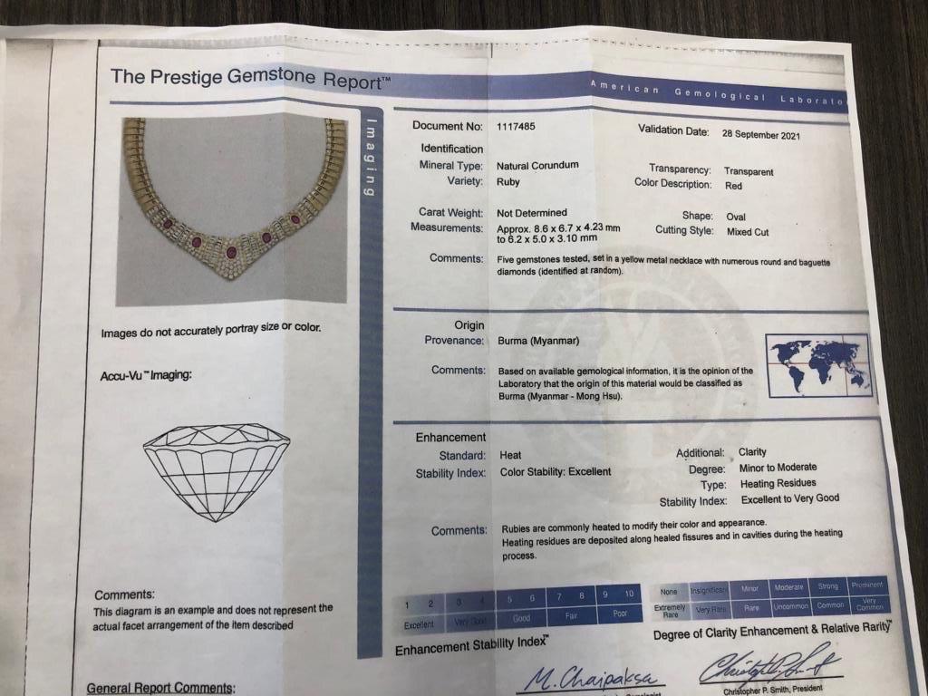 Certified Burma Ruby Diamond Collar Necklace 24.50 Carats 18 Karat Yellow Gold For Sale 10