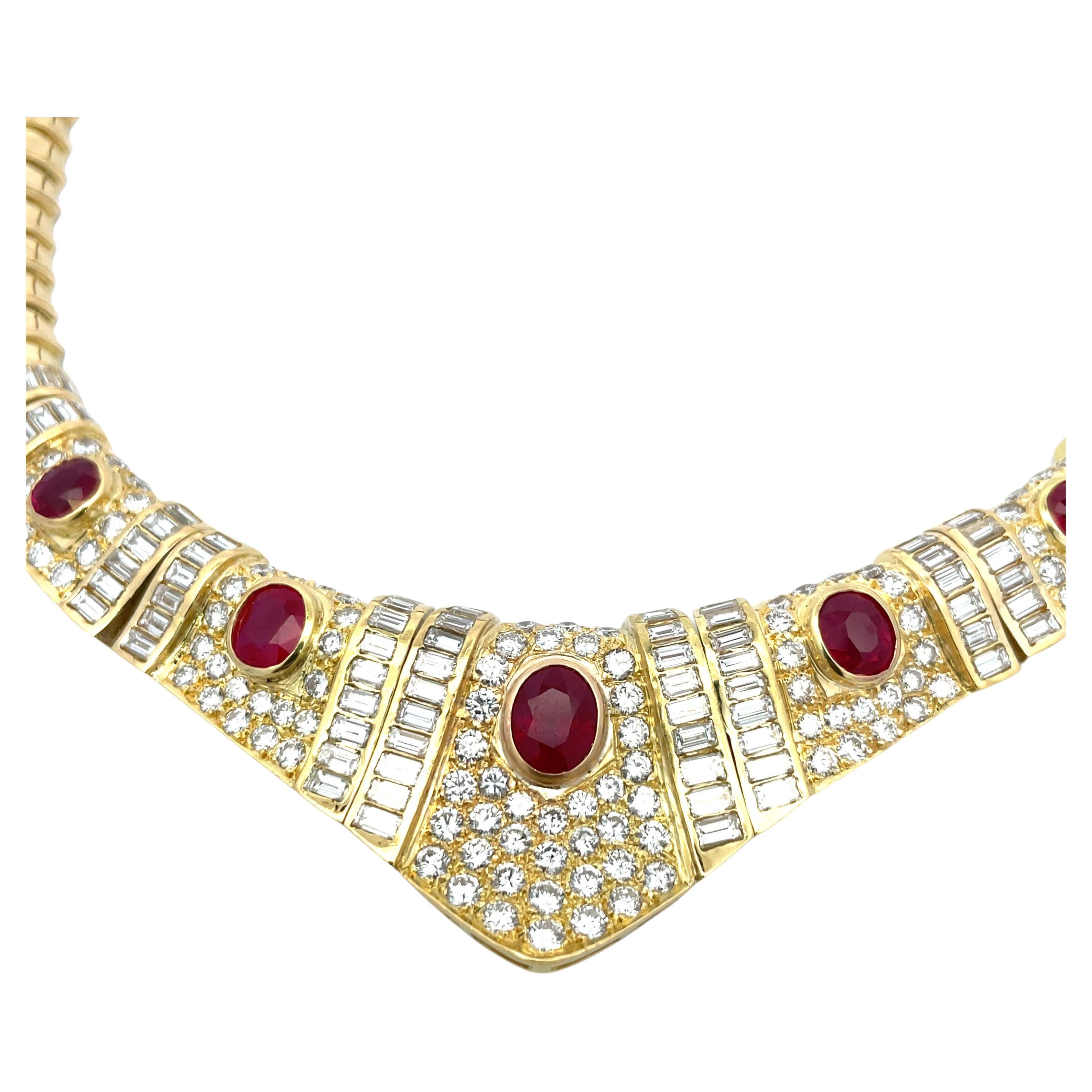 Women's Certified Burma Ruby Diamond Collar Necklace 24.50 Carats 18 Karat Yellow Gold For Sale