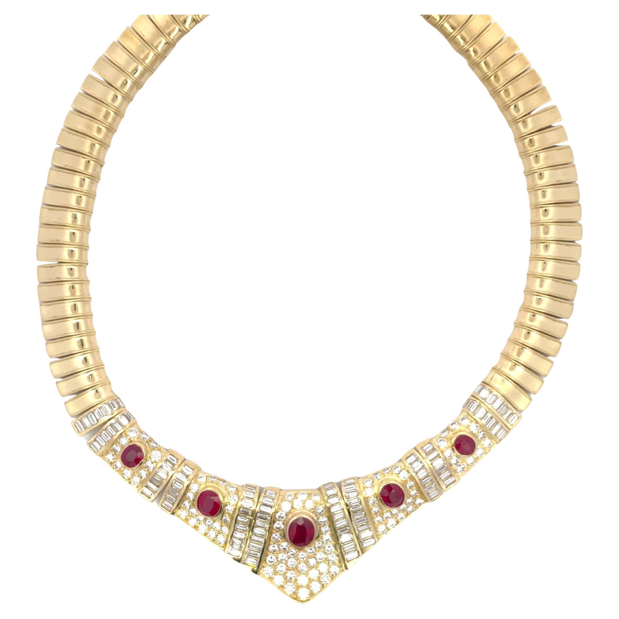 Certified Burma Ruby Diamond Collar Necklace 24.50 Carats 18 Karat Yellow Gold For Sale 2