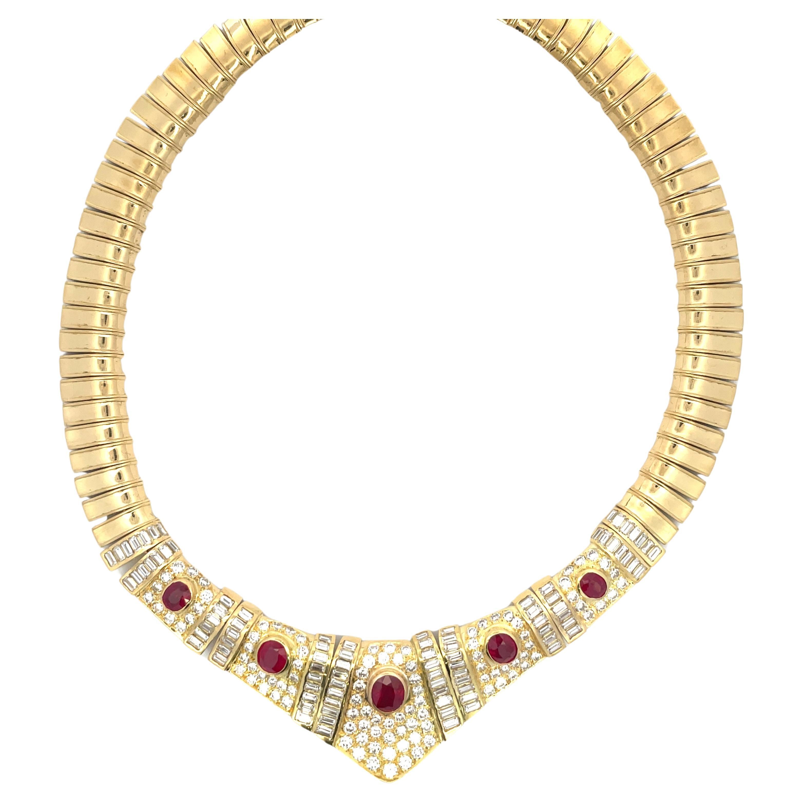 Certified Burma Ruby Diamond Collar Necklace 24.50 Carats 18 Karat Yellow Gold For Sale
