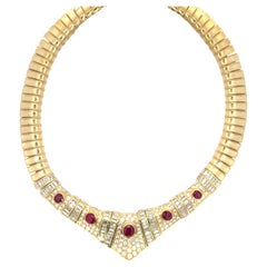 Retro Certified Burma Ruby Diamond Collar Necklace 24.50 Carats 18 Karat Yellow Gold