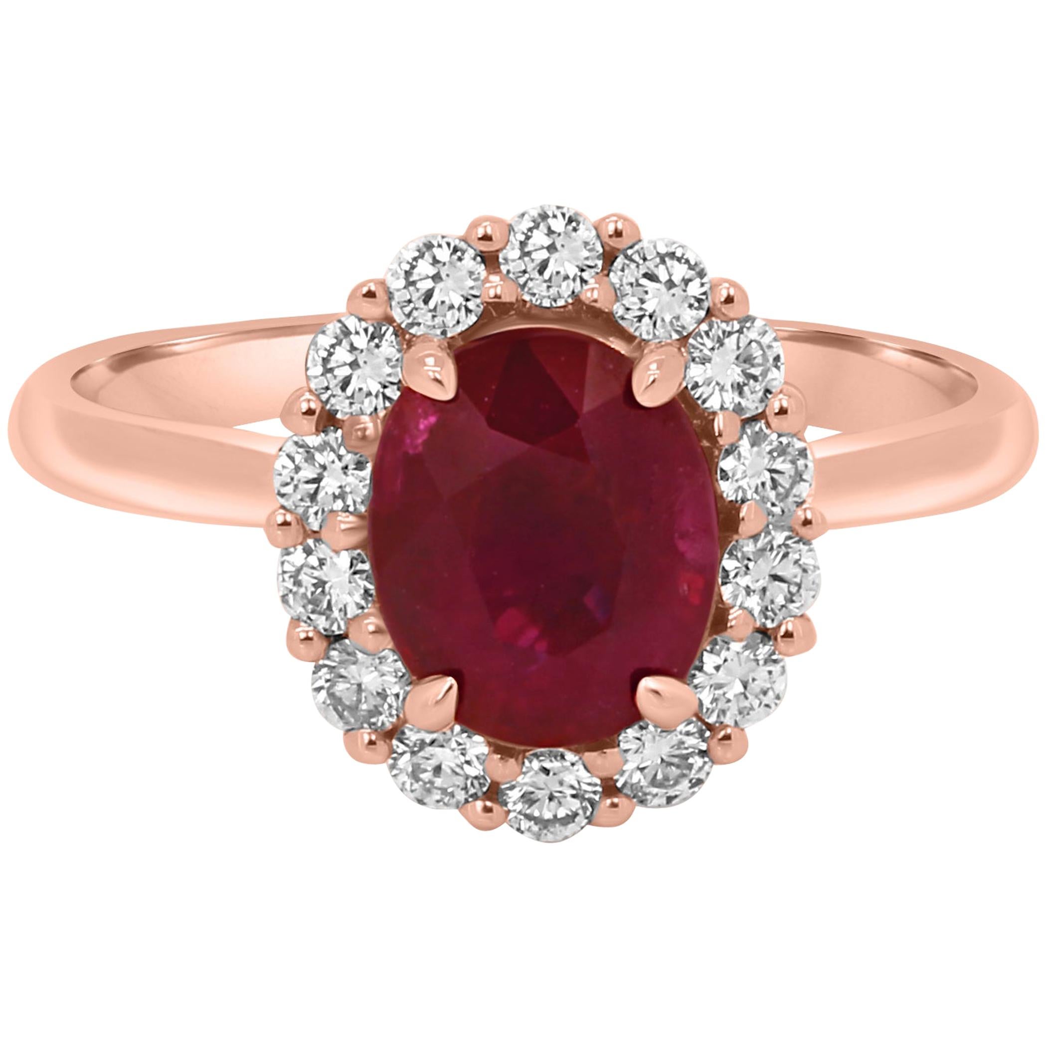 Ruby Oval 2.03 Carat Diamond Halo Gold Bridal Cocktail Ring