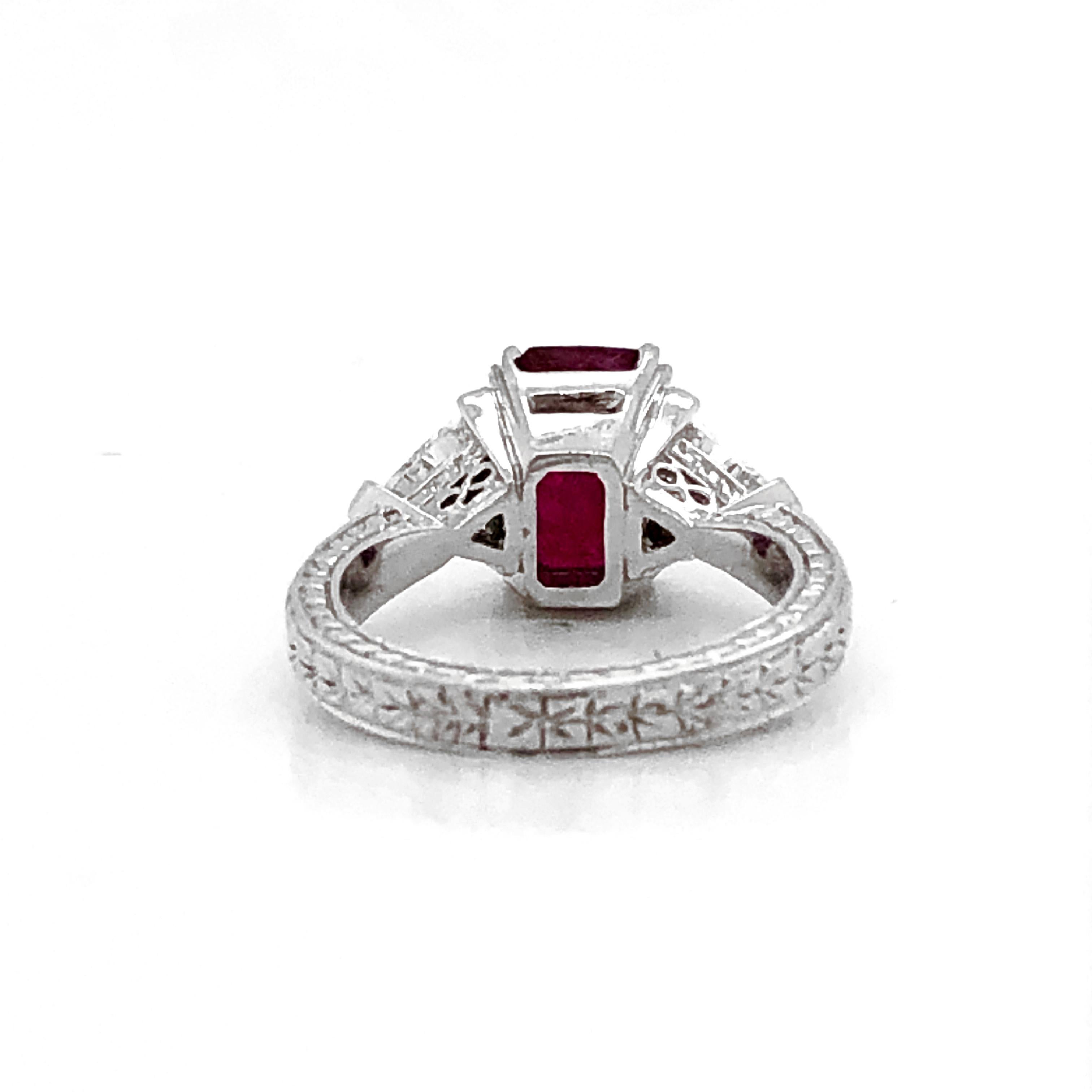 Certified Burmese Cushion Ruby 3.60 Carat Diamonds Platinum Ring For Sale 1