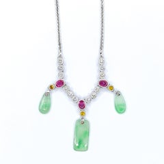 Certified Burmese Jade, Ruby, Yellow Sapphire & Diamond 18K White Gold Necklace