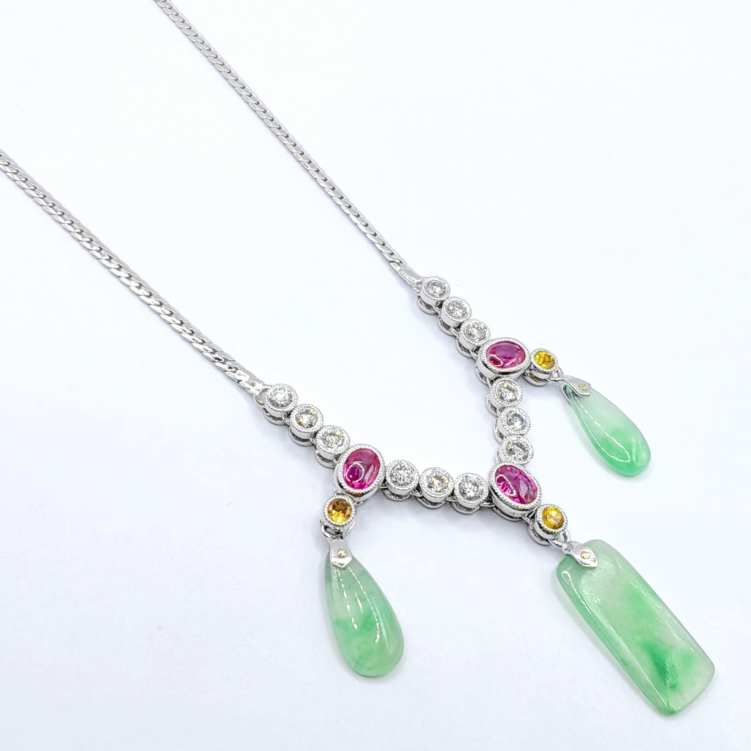 Contemporary Certified Burmese Jade, Ruby, Yellow Sapphire & Diamond 18K White Gold Necklace For Sale