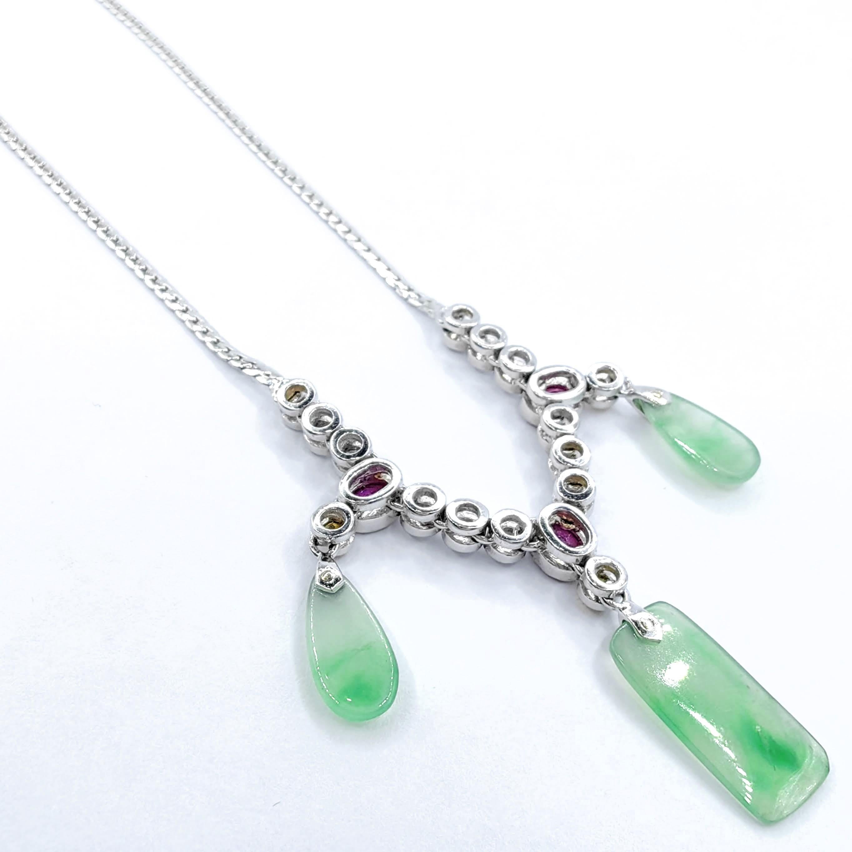 Round Cut Certified Burmese Jade, Ruby, Yellow Sapphire & Diamond 18K White Gold Necklace For Sale