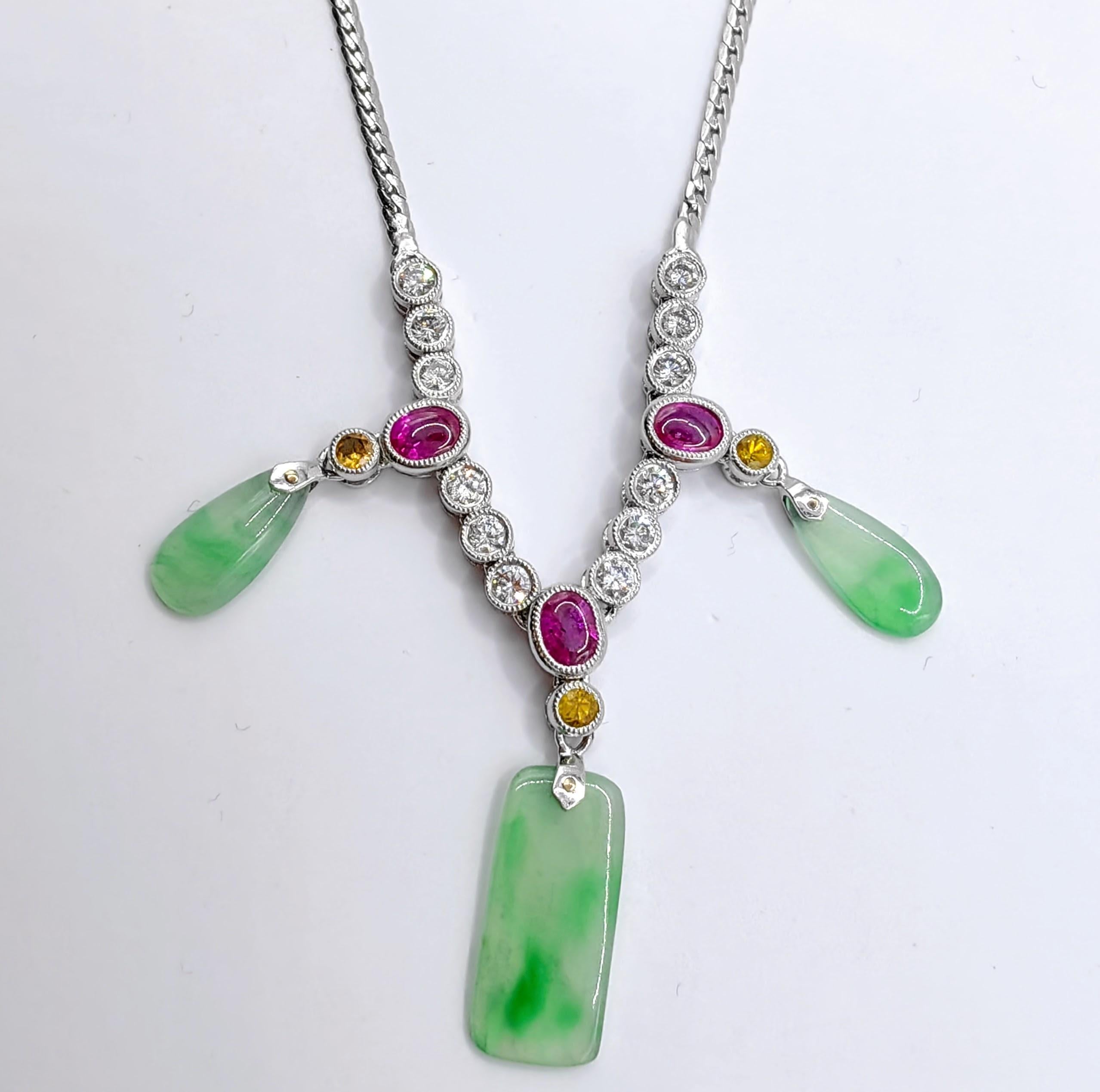 Certified Burmese Jade, Ruby, Yellow Sapphire & Diamond 18K White Gold Necklace In New Condition For Sale In Wan Chai District, HK