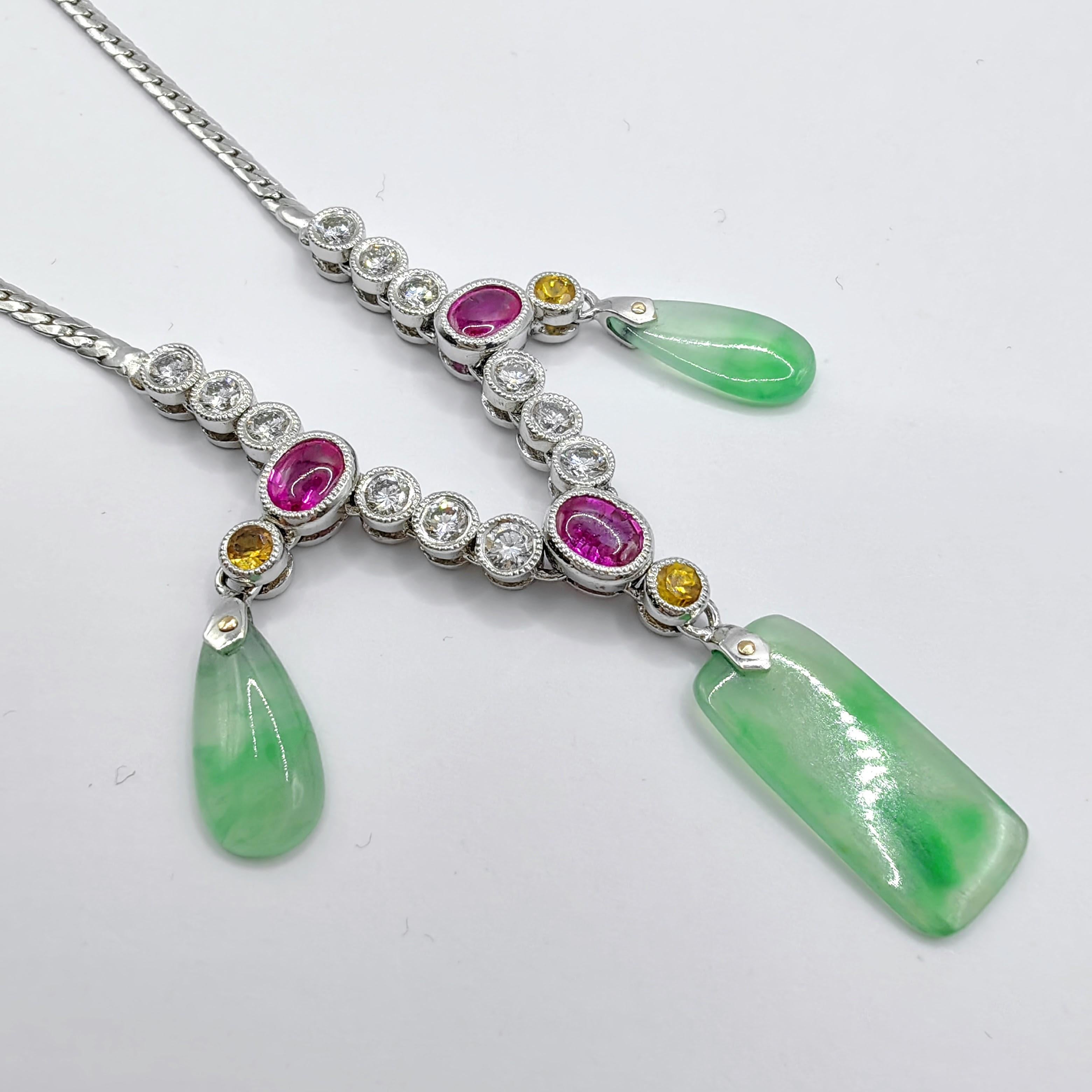 Women's Certified Burmese Jade, Ruby, Yellow Sapphire & Diamond 18K White Gold Necklace For Sale