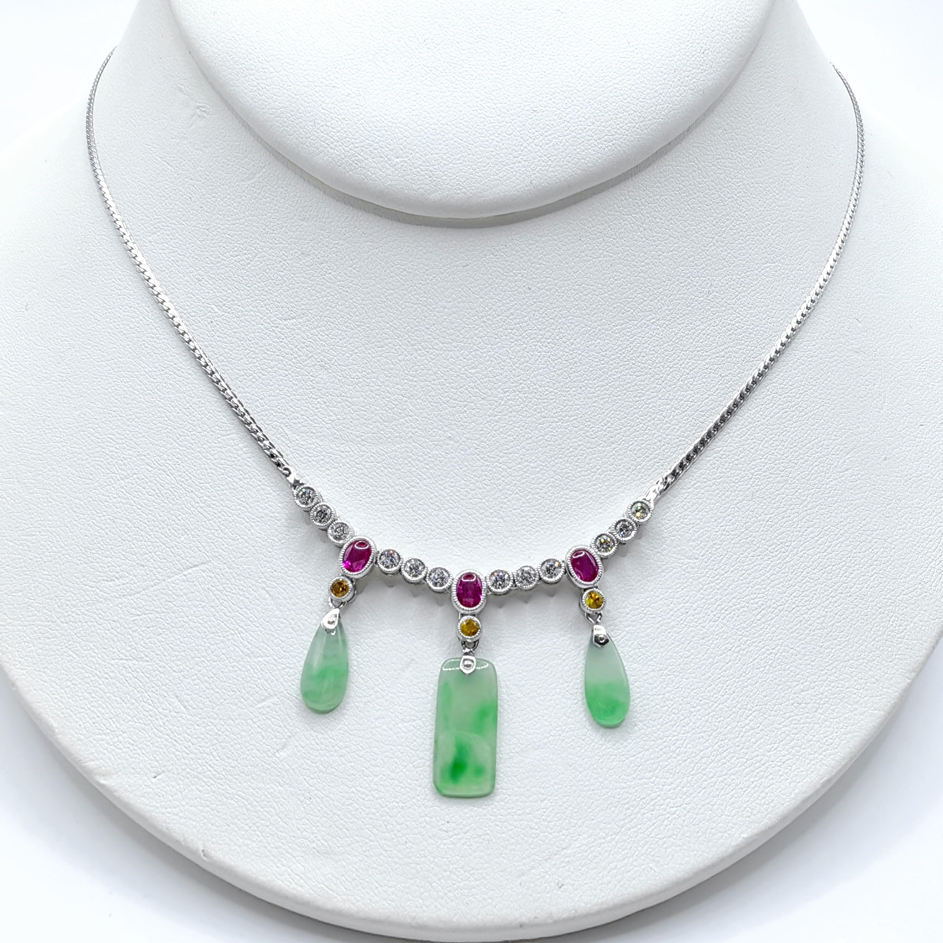 Certified Burmese Jade, Ruby, Yellow Sapphire & Diamond 18K White Gold Necklace For Sale 1