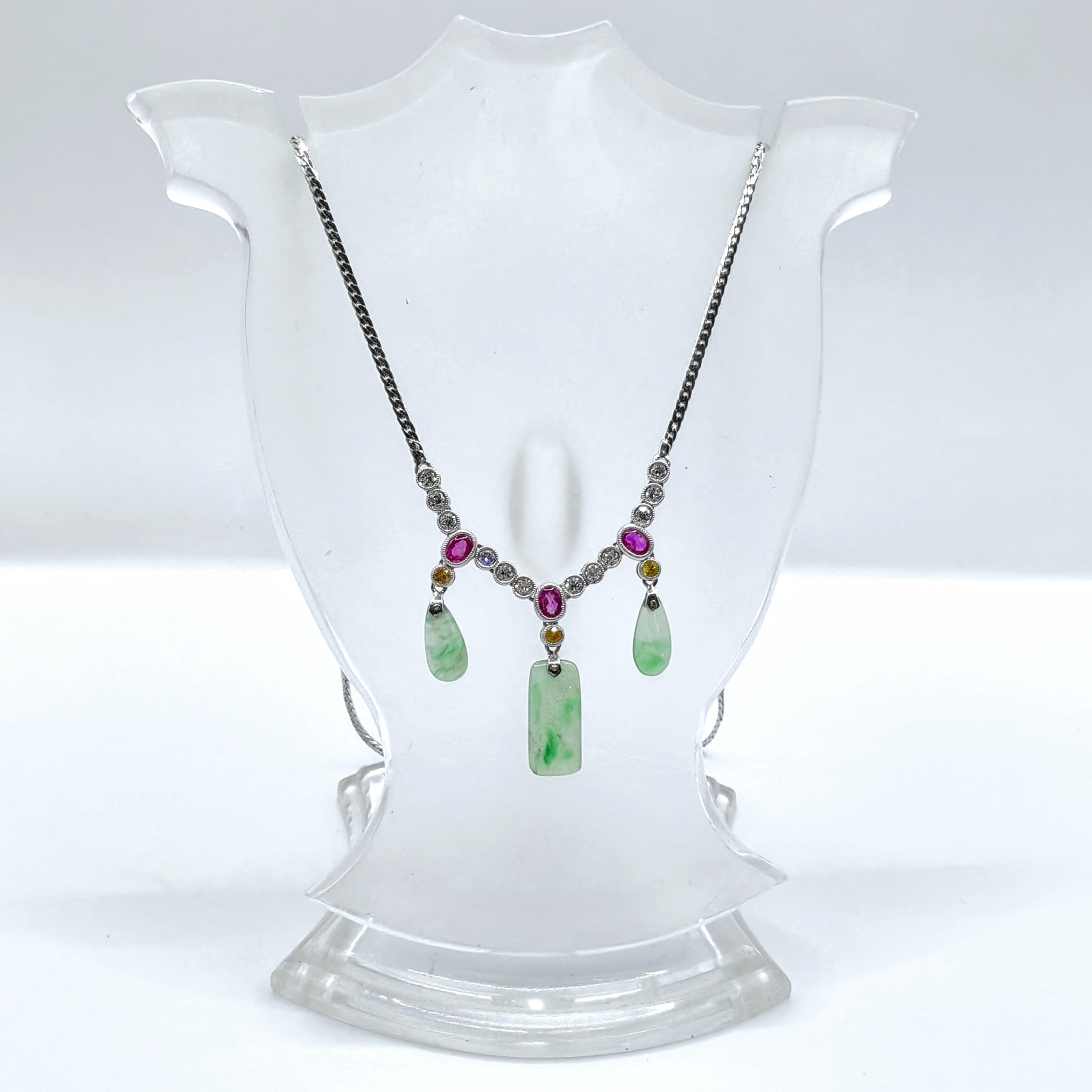 Certified Burmese Jade, Ruby, Yellow Sapphire & Diamond 18K White Gold Necklace For Sale 2