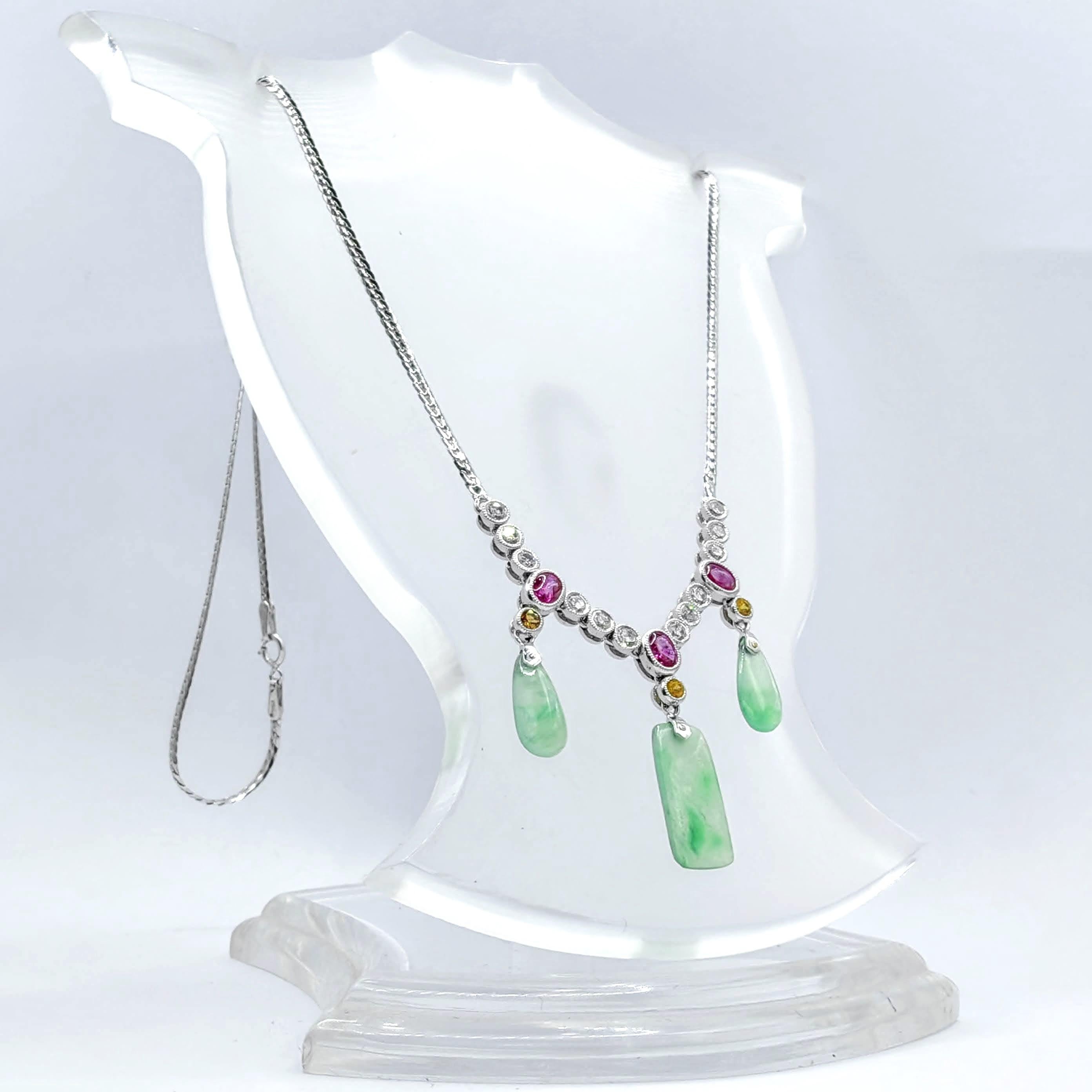 Certified Burmese Jade, Ruby, Yellow Sapphire & Diamond 18K White Gold Necklace For Sale 3