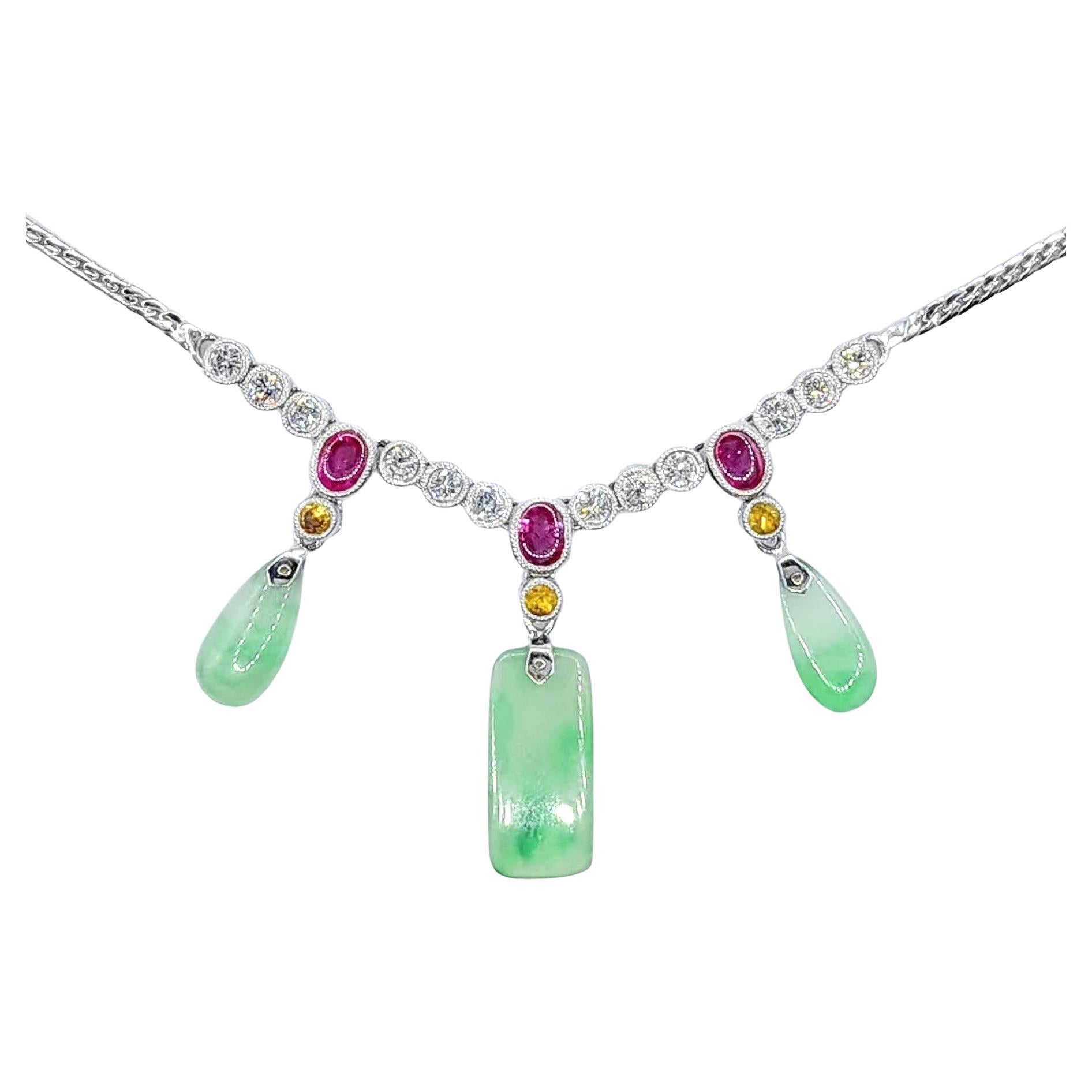 Certified Burmese Jade, Ruby, Yellow Sapphire & Diamond 18K White Gold Necklace