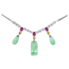 Certified Burmese Jade, Ruby, Yellow Sapphire & Diamond 18K White Gold Necklace