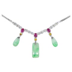 Certified Burmese Jade, Ruby, Yellow Sapphire & Diamond 18K White Gold Necklace