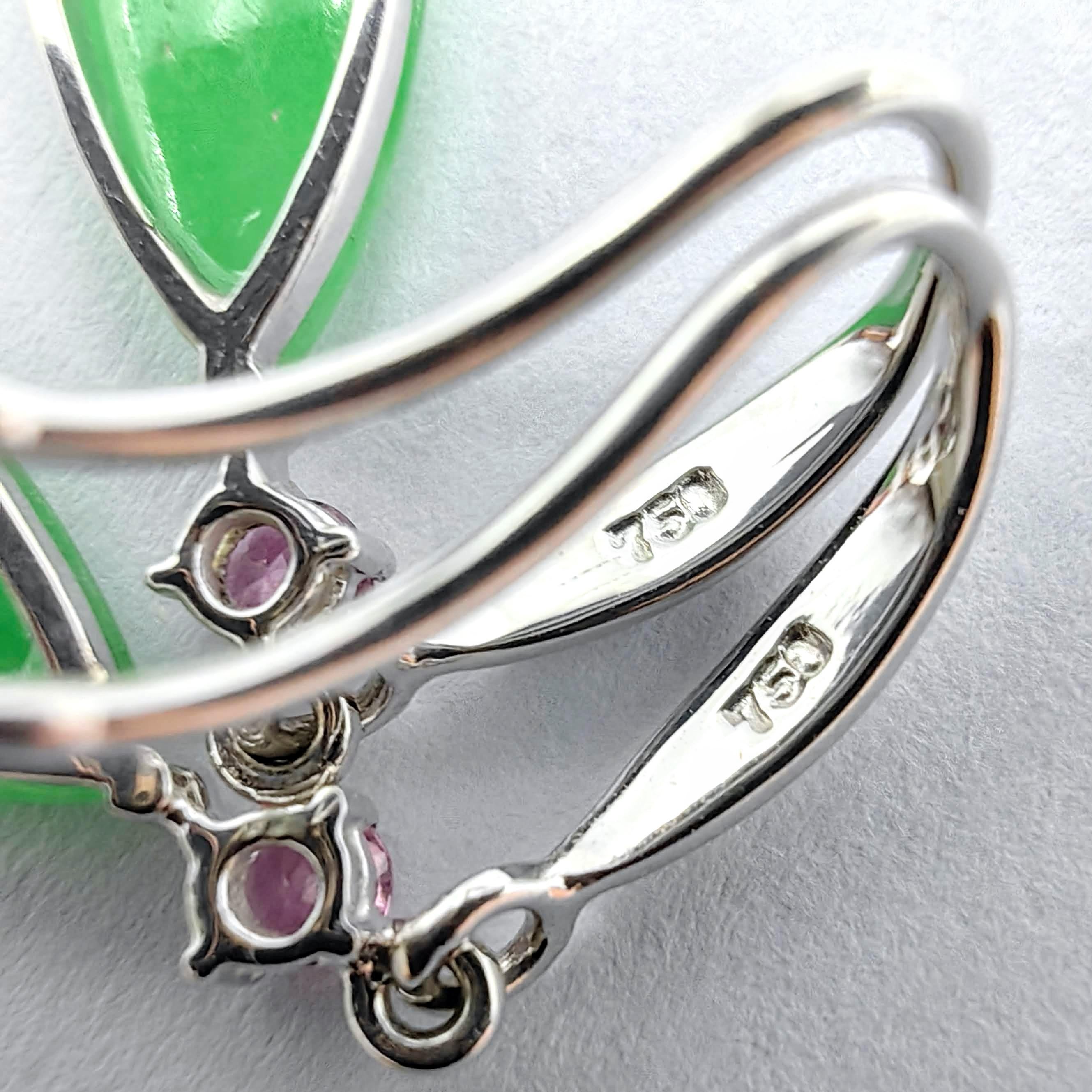 Boucles d'oreilles en or blanc 18 carats, jadéite de Birmanie certifiée et tourmaline rose en vente 6