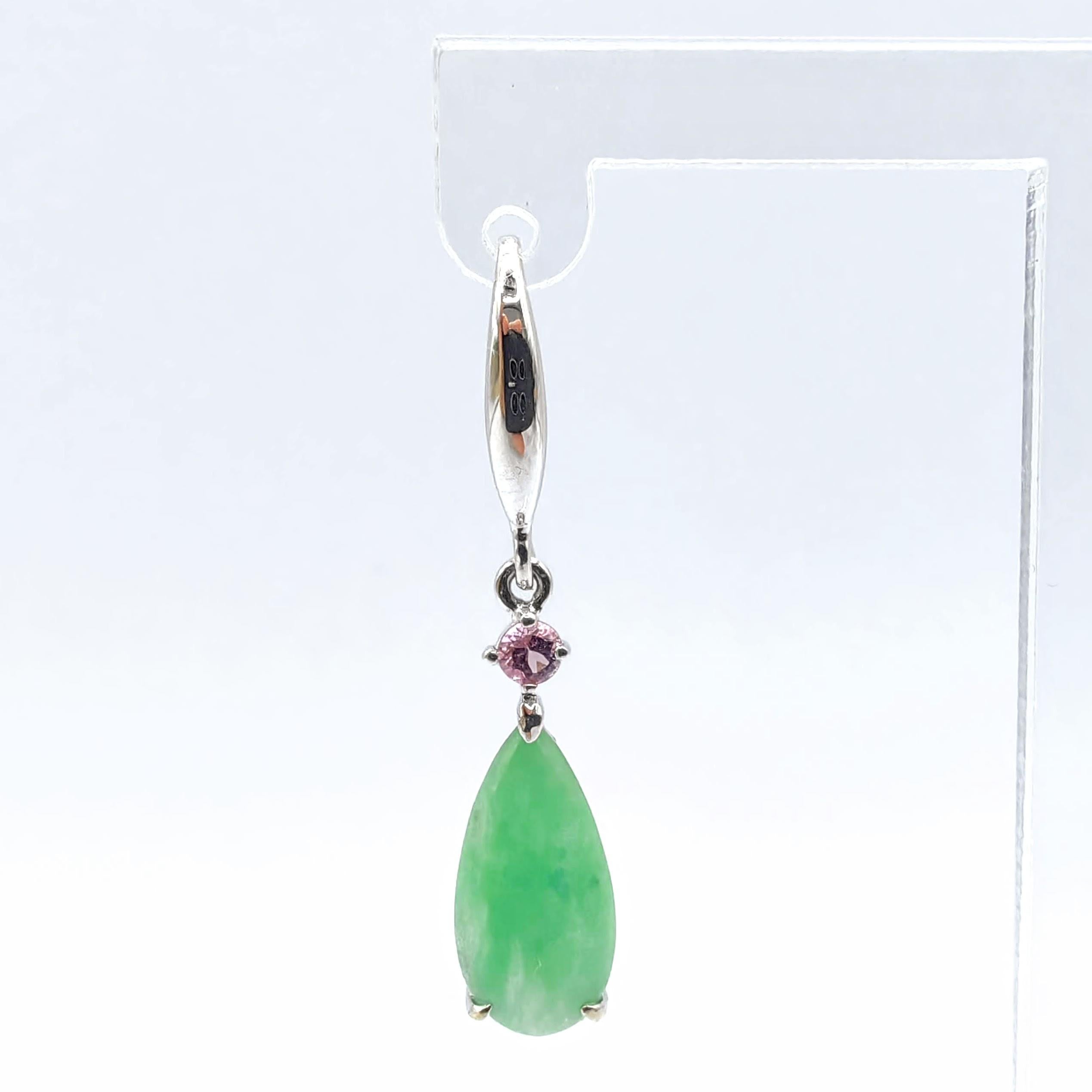Boucles d'oreilles en or blanc 18 carats, jadéite de Birmanie certifiée et tourmaline rose Pour femmes en vente