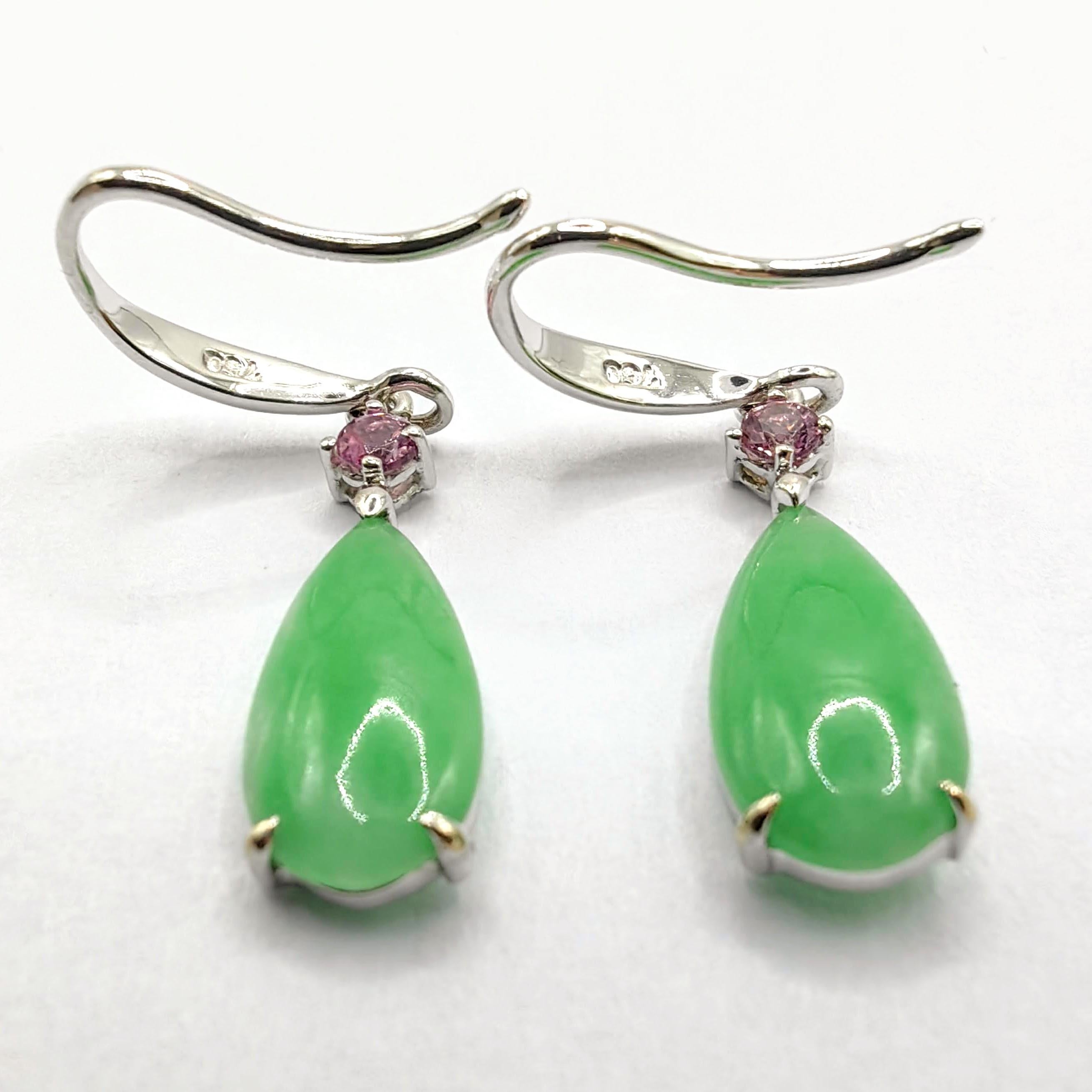 Boucles d'oreilles en or blanc 18 carats, jadéite de Birmanie certifiée et tourmaline rose en vente 2