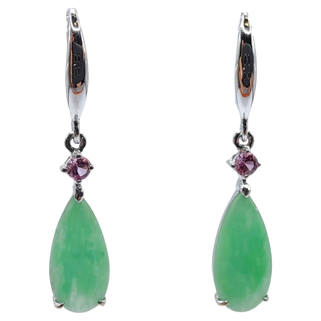 Burmese Jadeite Jade & Pink Tourmaline Earrings in 18K White Gold