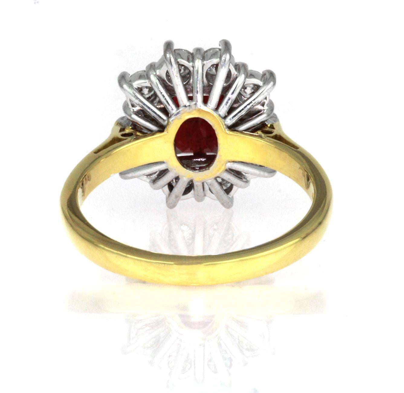 Modern Certified Burmese 'Myanmar' Ruby & Diamond Cluster Ring, Yellow & White 18K Gold For Sale