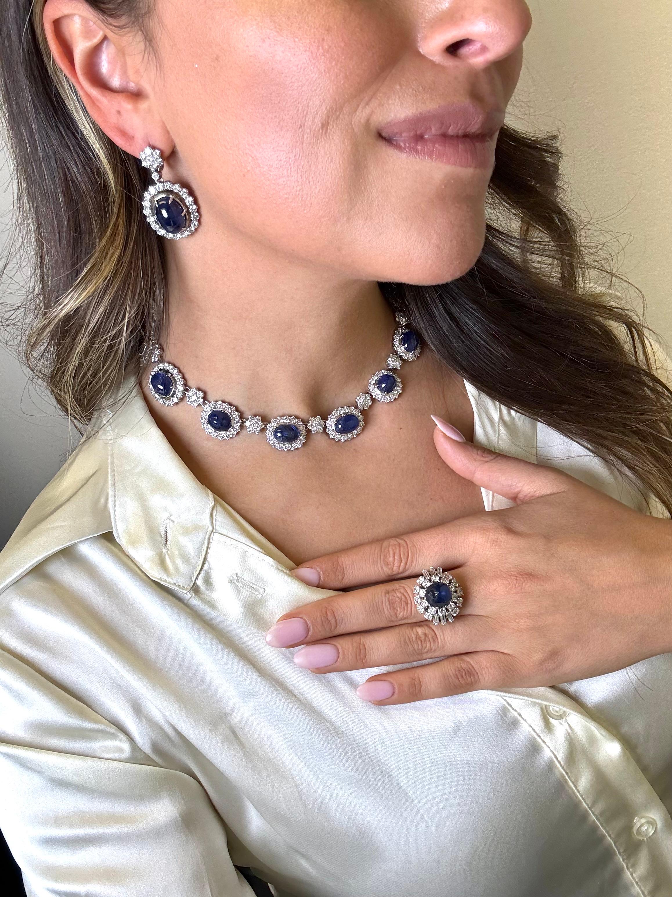 Certified Burmese No-Heat Cabochon Sapphire and Diamond Necklace & Earring Set For Sale 10