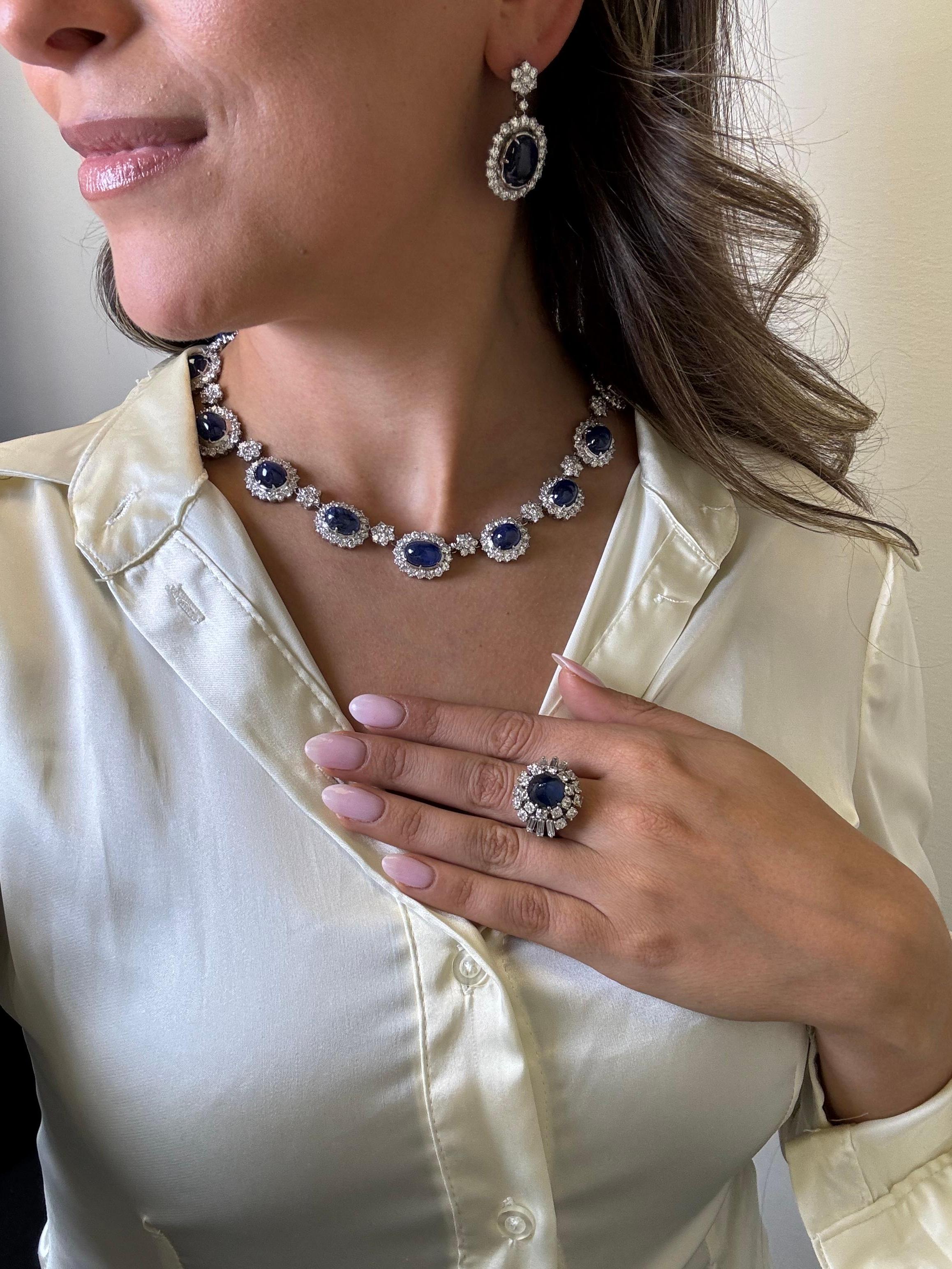 Certified Burmese No-Heat Cabochon Sapphire and Diamond Necklace & Earring Set For Sale 11