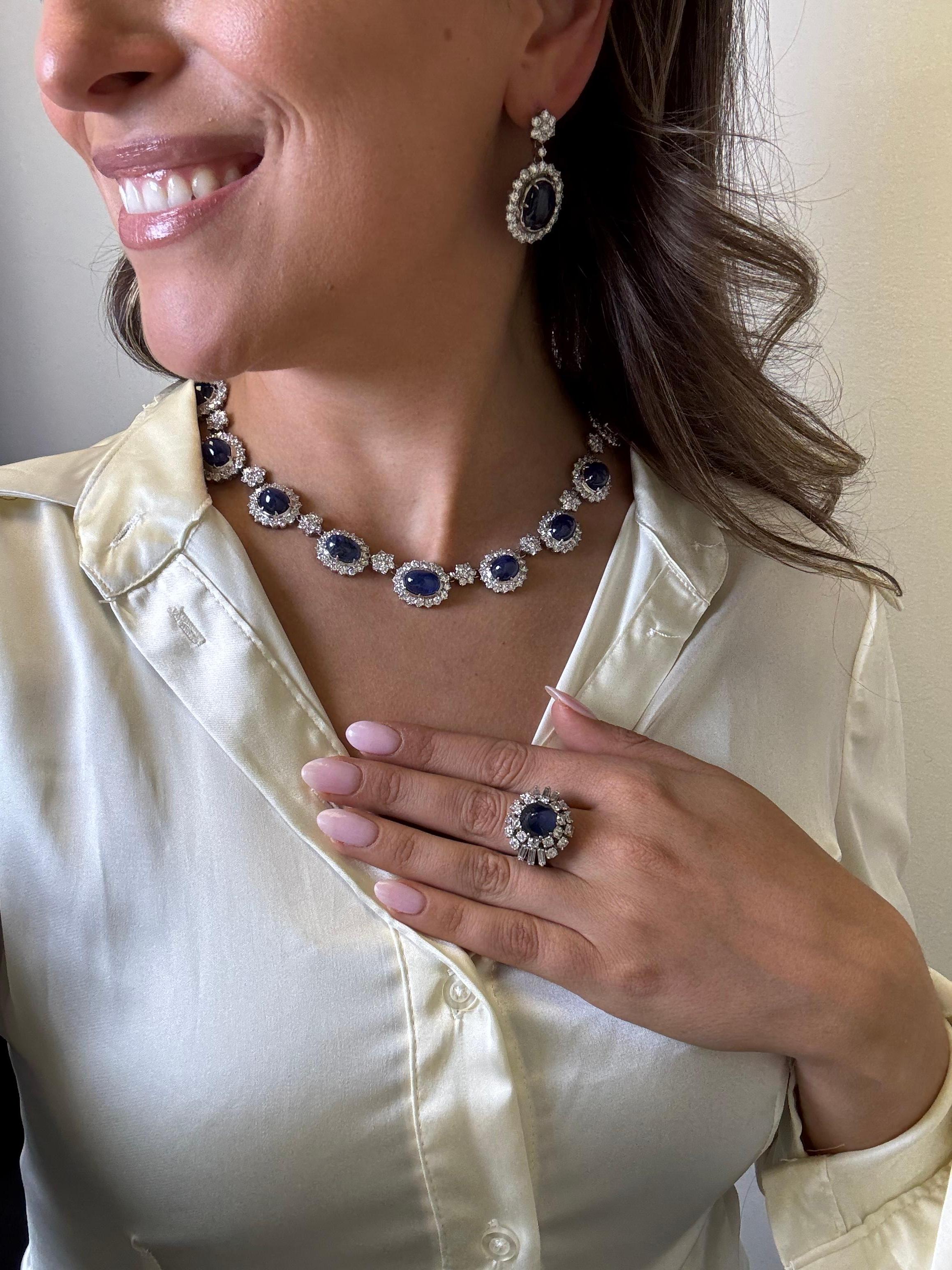 Certified Burmese No-Heat Cabochon Sapphire and Diamond Necklace & Earring Set For Sale 12