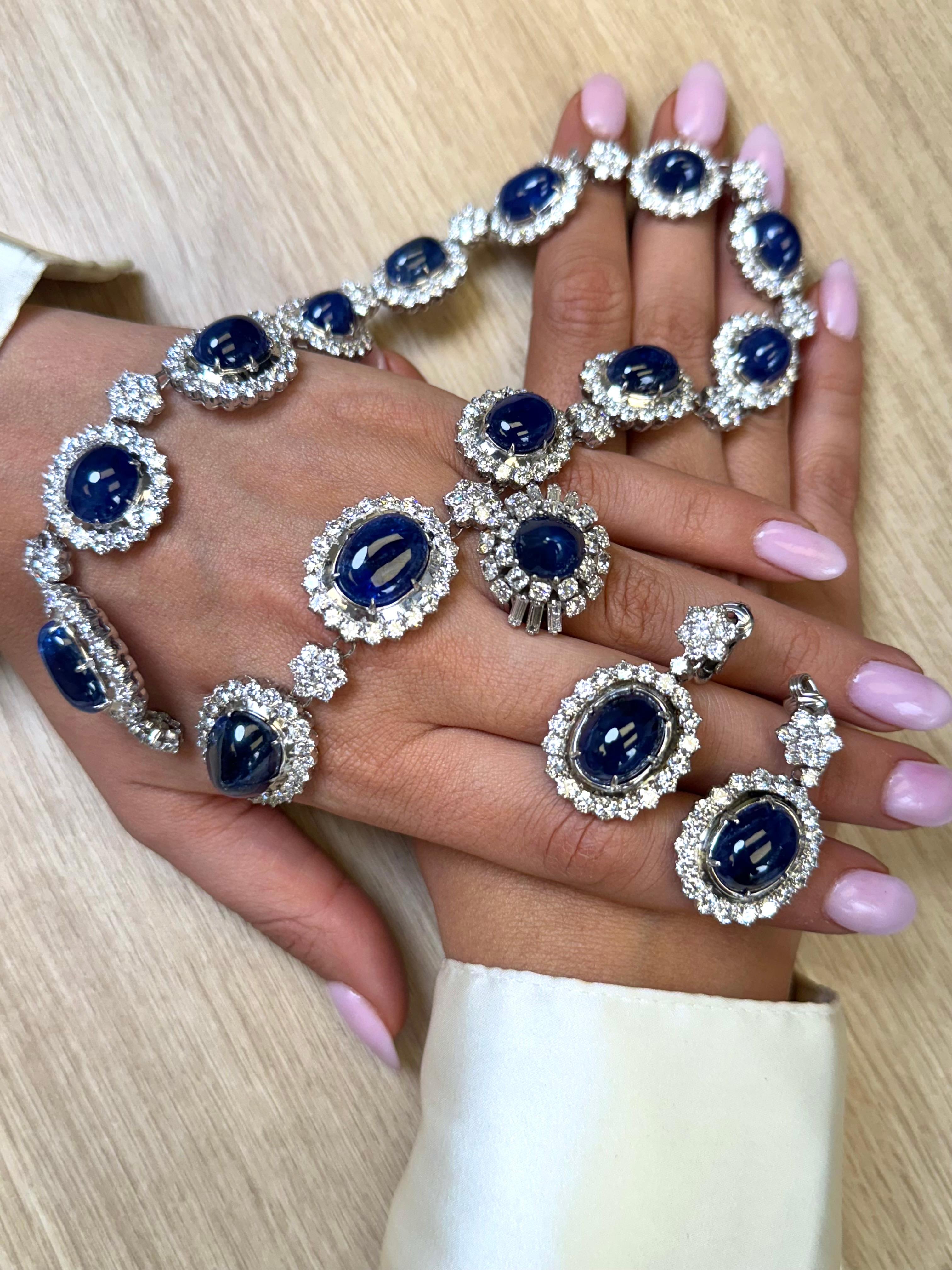 Certified Burmese No-Heat Cabochon Sapphire and Diamond Necklace & Earring Set For Sale 13