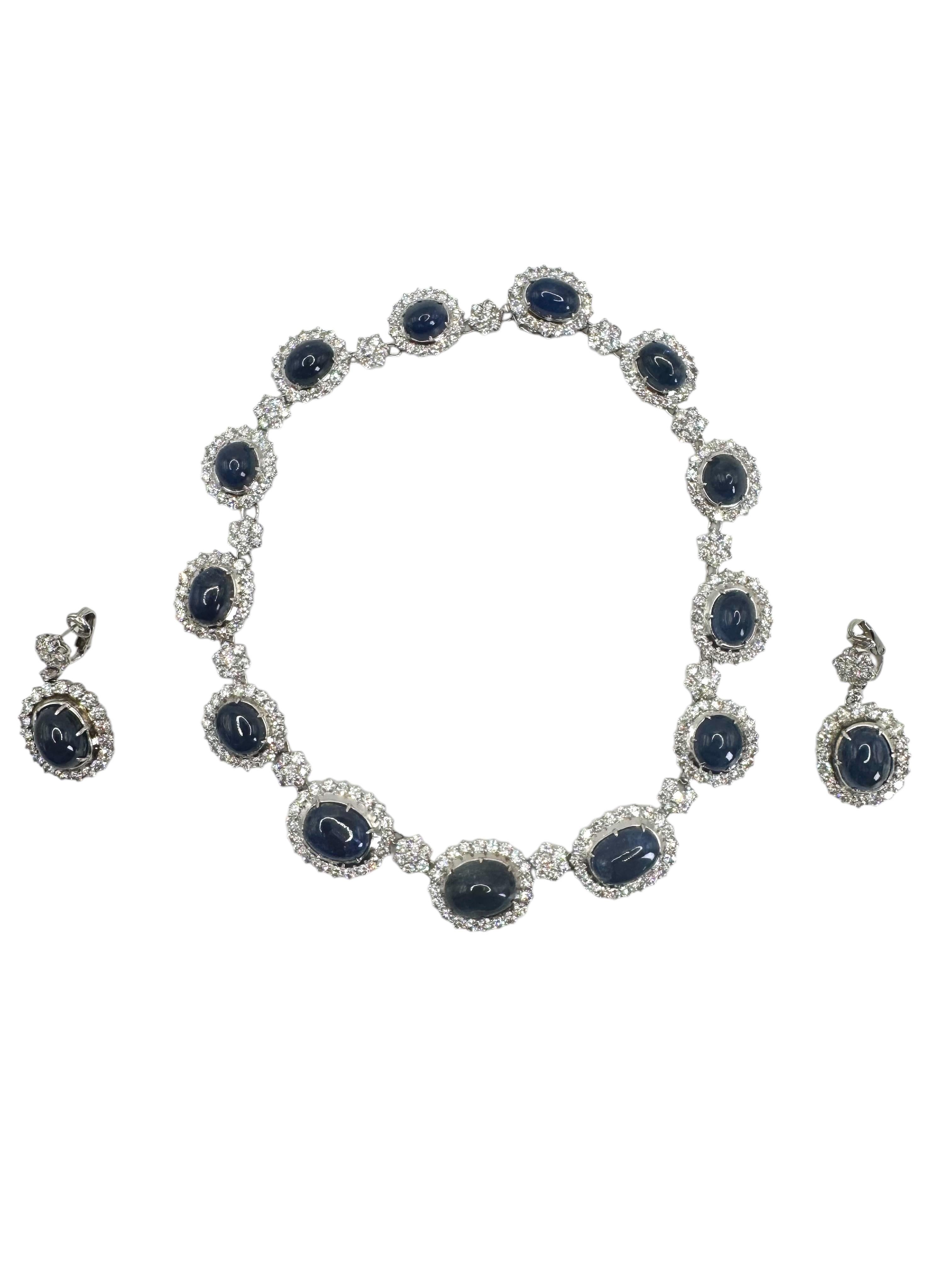 Certified Burmese No-Heat Cabochon Sapphire and Diamond Necklace & Earring Set For Sale 14