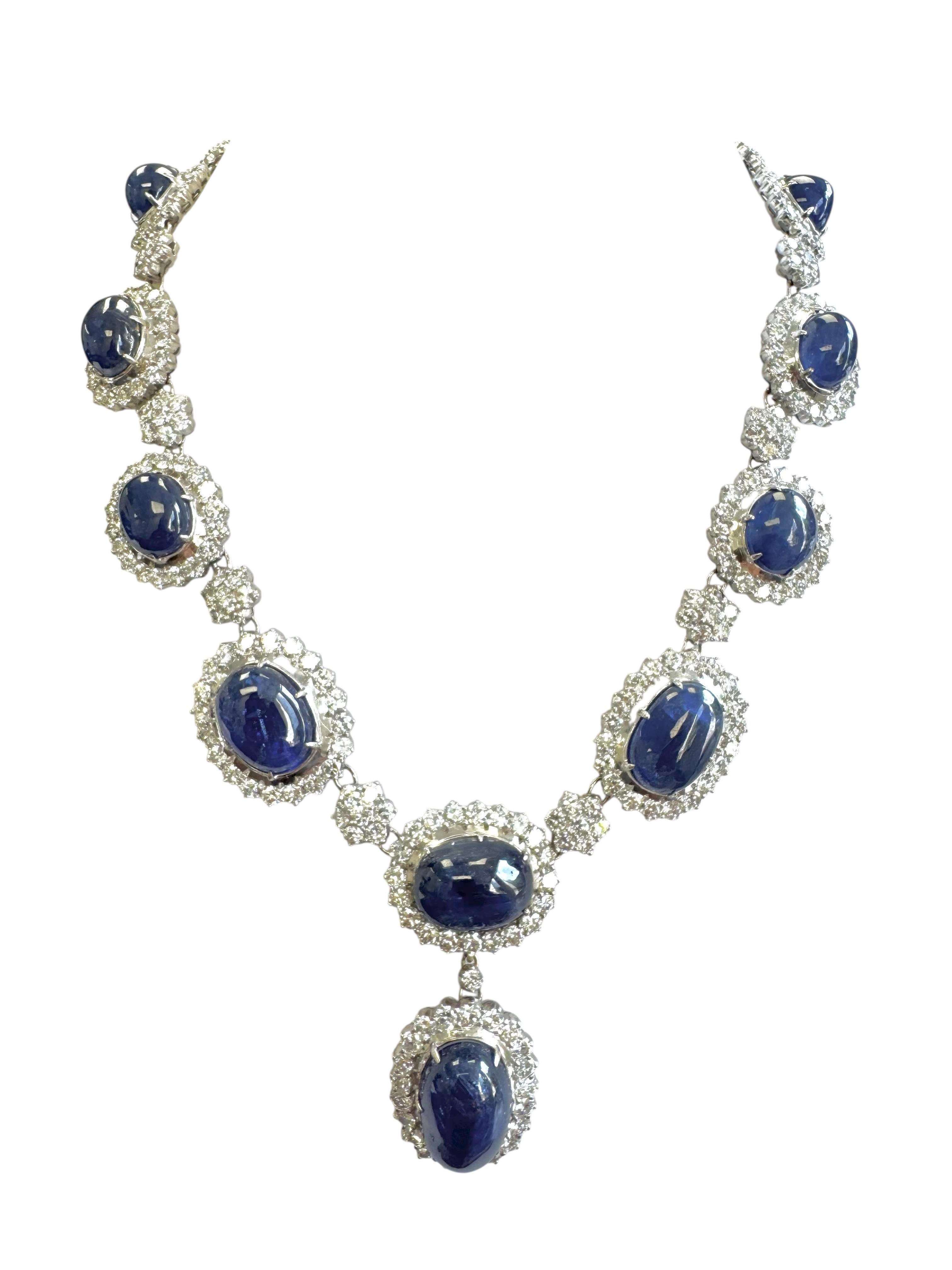 Certified Burmese No-Heat Cabochon Sapphire and Diamond Necklace & Earring Set For Sale 15