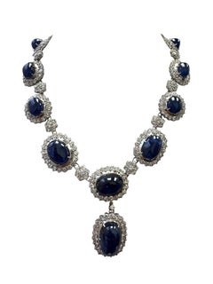 Certified Burmese No-Heat Cabochon Sapphire and Diamond Necklace & Earring Set