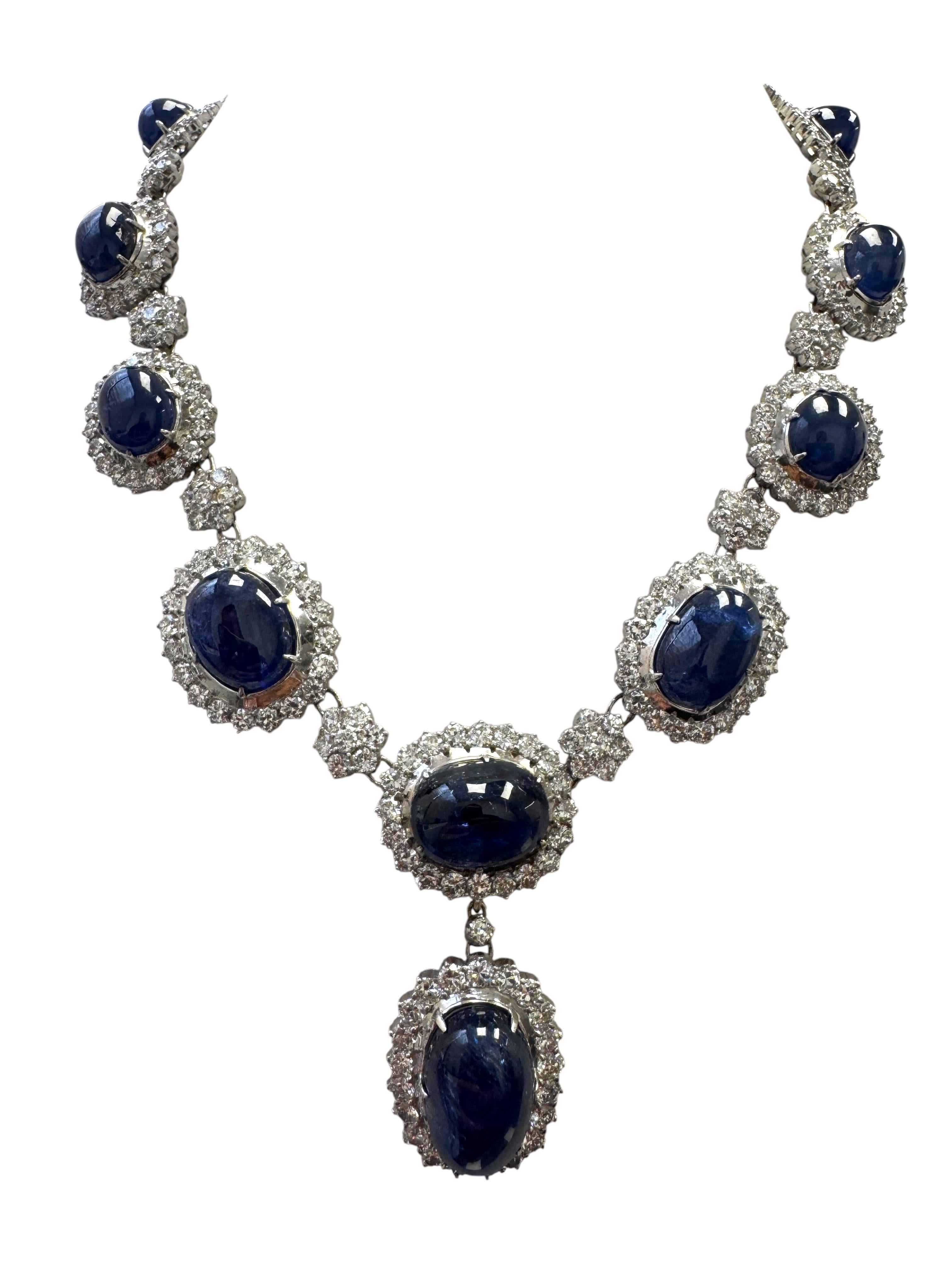Certified Burmese No-Heat Cabochon Sapphire and Diamond Necklace & Earring Set In Excellent Condition For Sale In Great Neck Plaza, NY