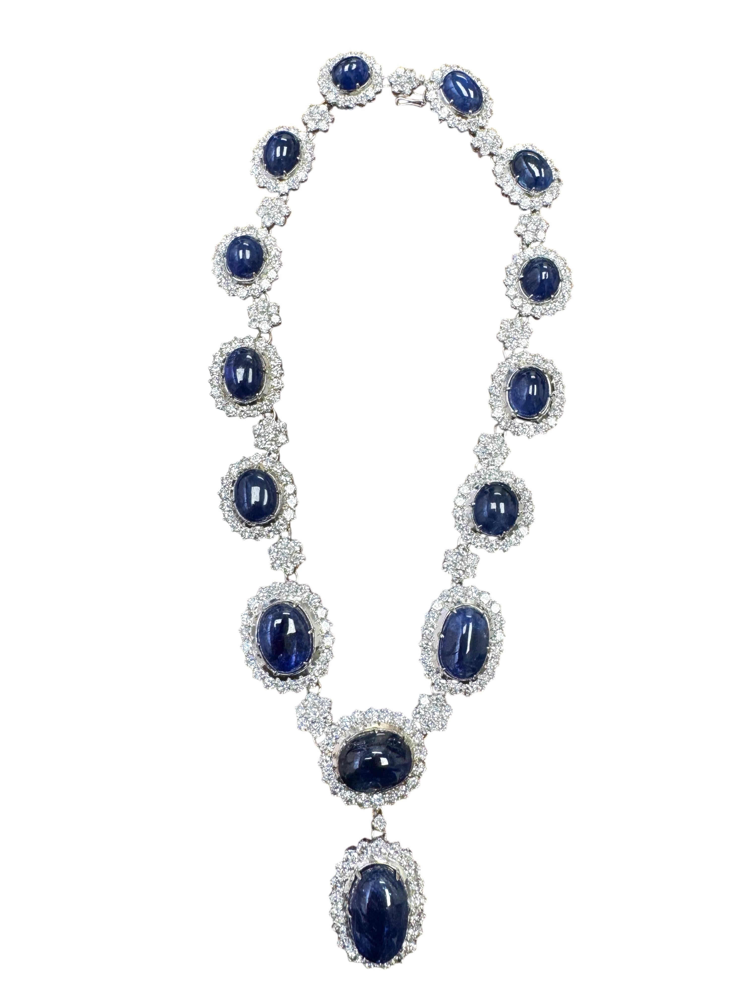Women's or Men's Certified Burmese No-Heat Cabochon Sapphire and Diamond Necklace & Earring Set For Sale