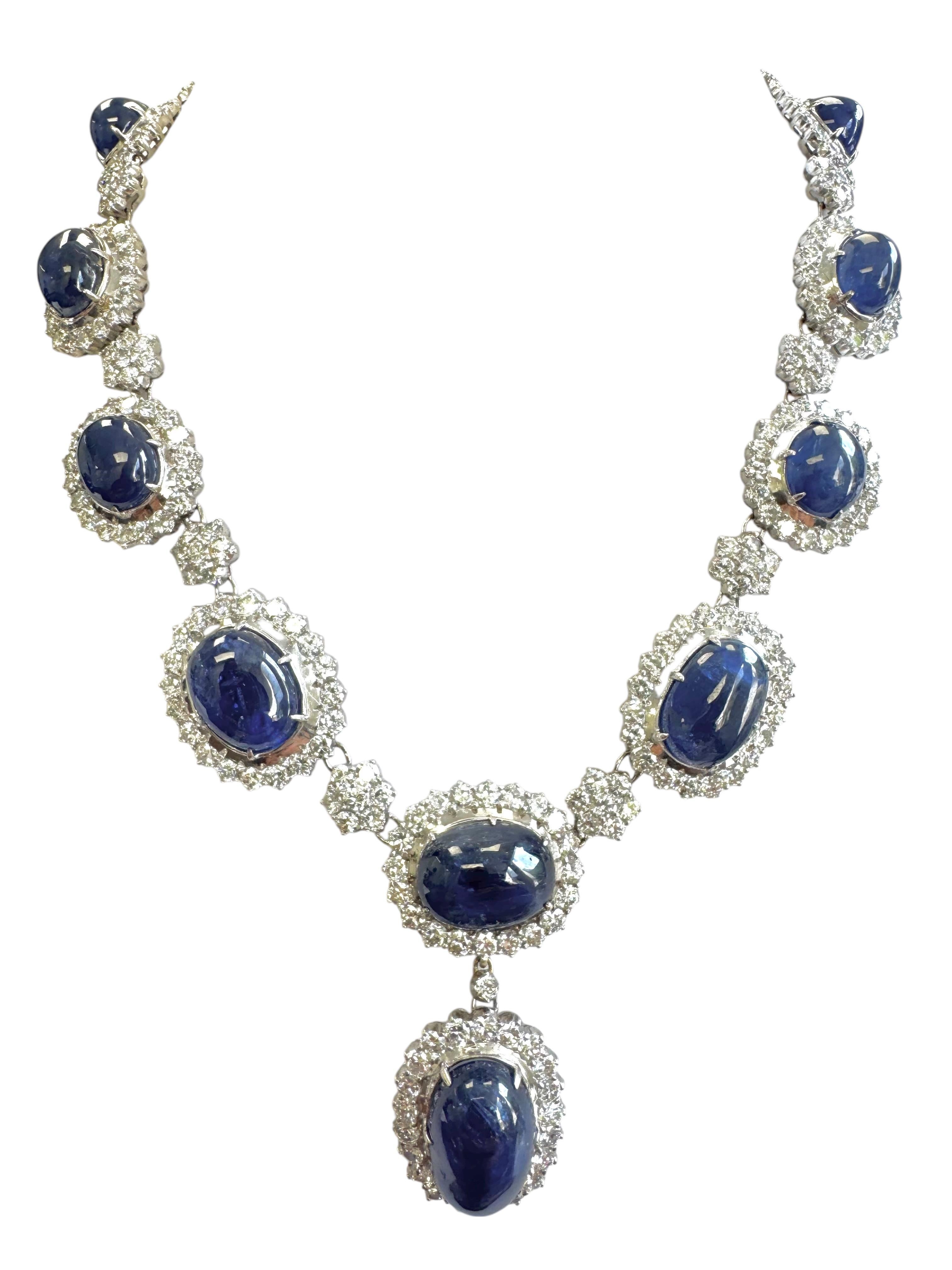 Certified Burmese No-Heat Cabochon Sapphire and Diamond Necklace & Earring Set For Sale