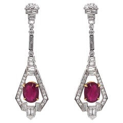 Certified Burmese Oval Cut Ruby 3.95 Carat Diamond Platinum Earrings
