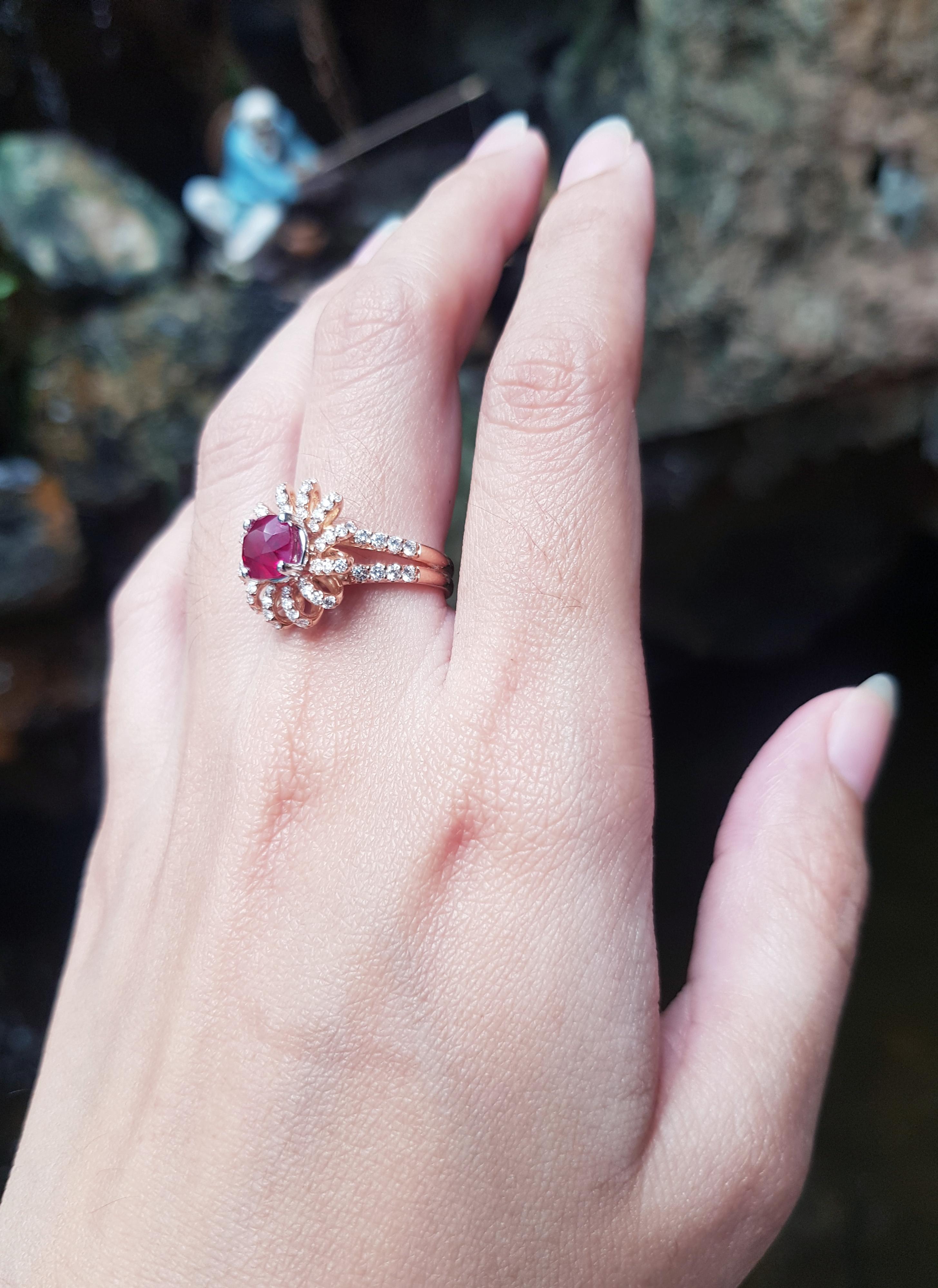 Cushion Cut Certified Burmese Pigeon's Blood Ruby with Diamond Ring Set in 18K Rose Gold For Sale