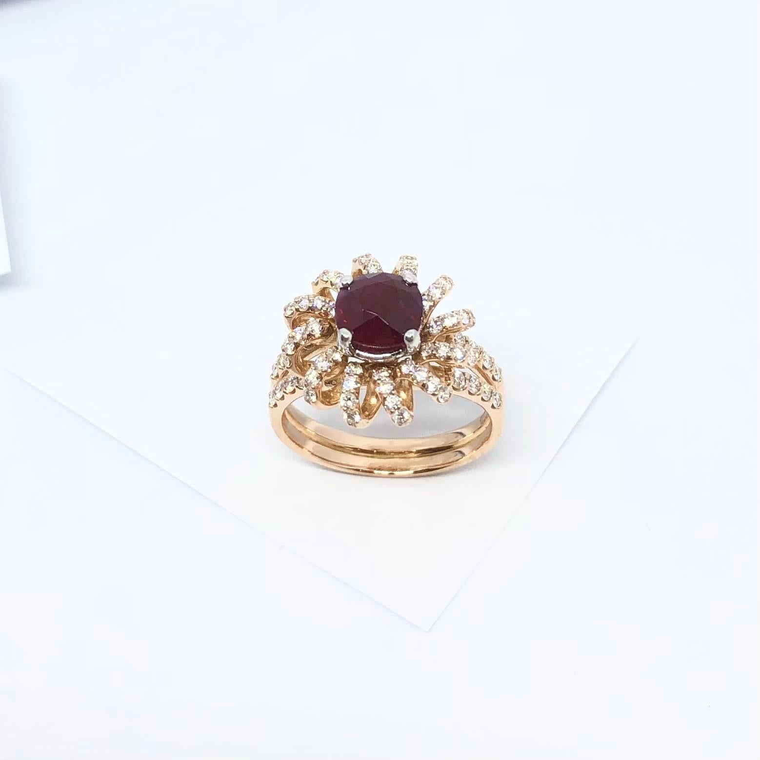 Certified Burmese Pigeon's Blood Ruby with Diamond Ring Set in 18K Rose Gold For Sale 1
