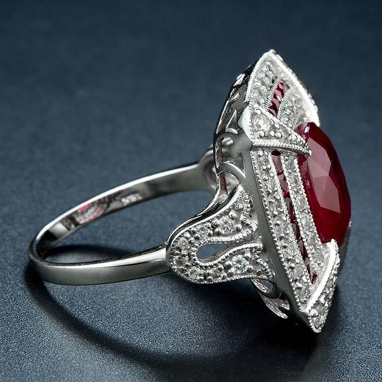 Art Deco Certified Burmese Ruby 3.90 Carat Diamond Cocktail Ring