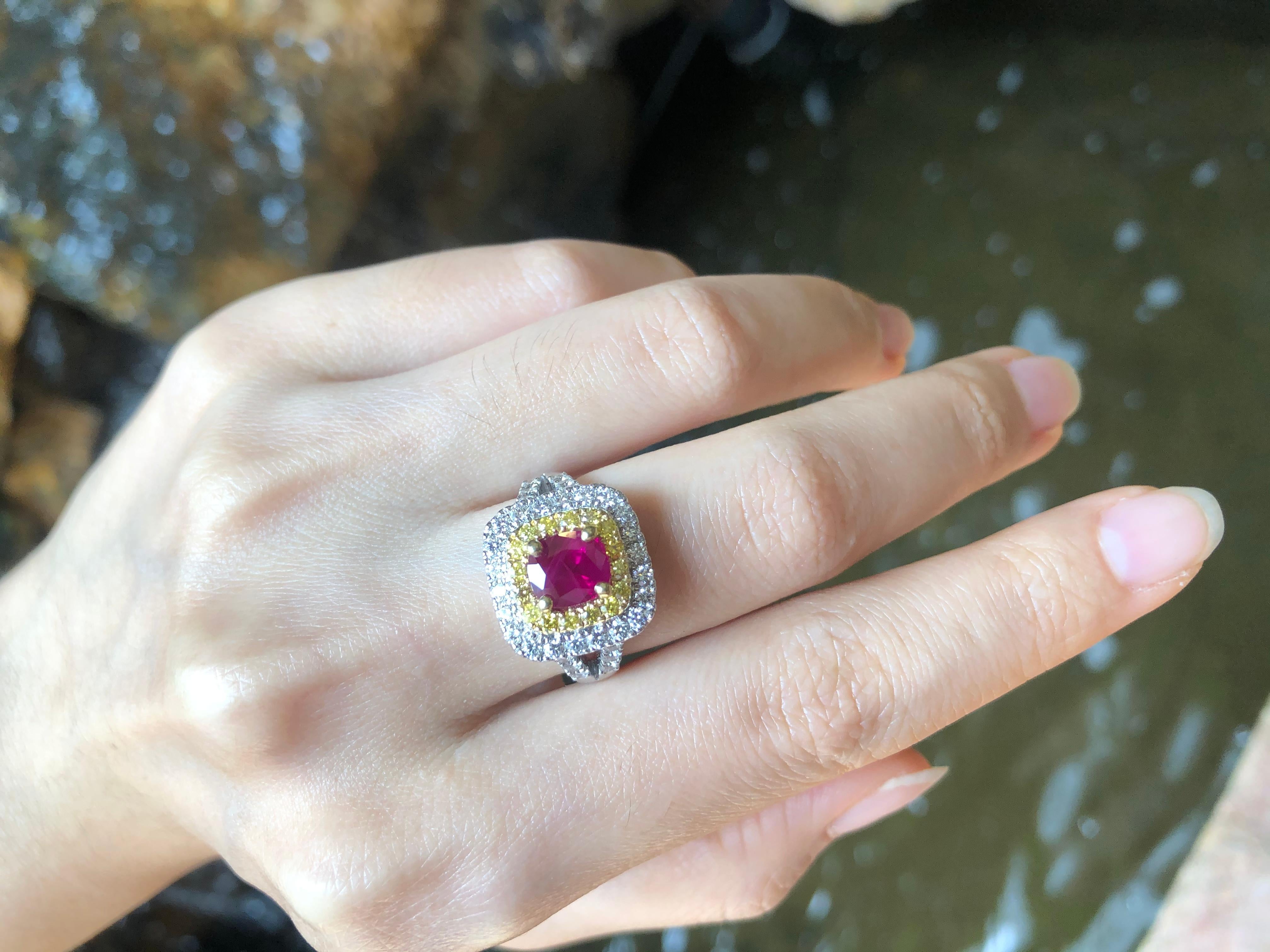 Cushion Cut Certified Burmese Ruby, Diamond and Yellow Diamond Ring in 18 Karat White Gold For Sale