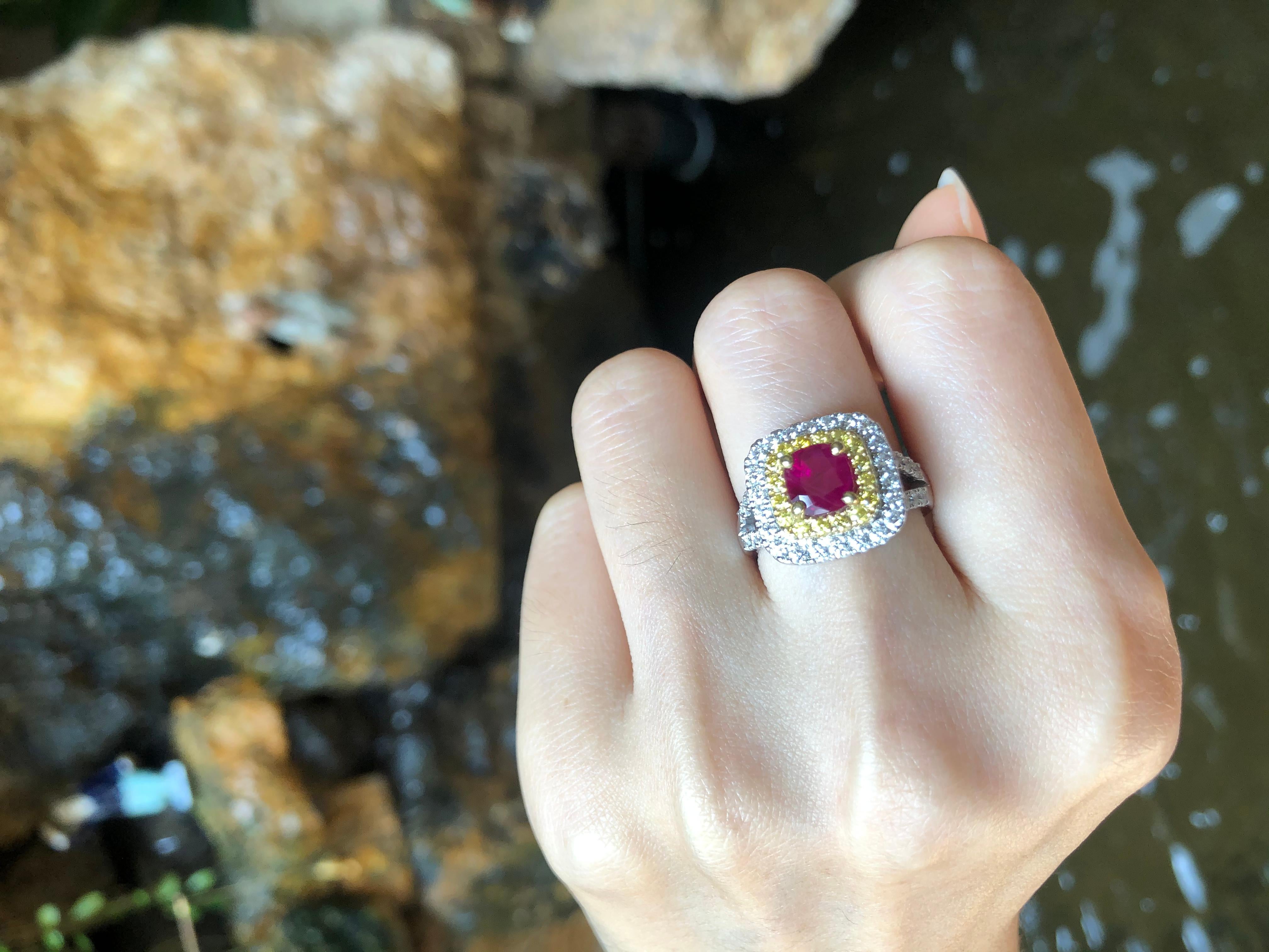 Women's Certified Burmese Ruby, Diamond and Yellow Diamond Ring in 18 Karat White Gold For Sale