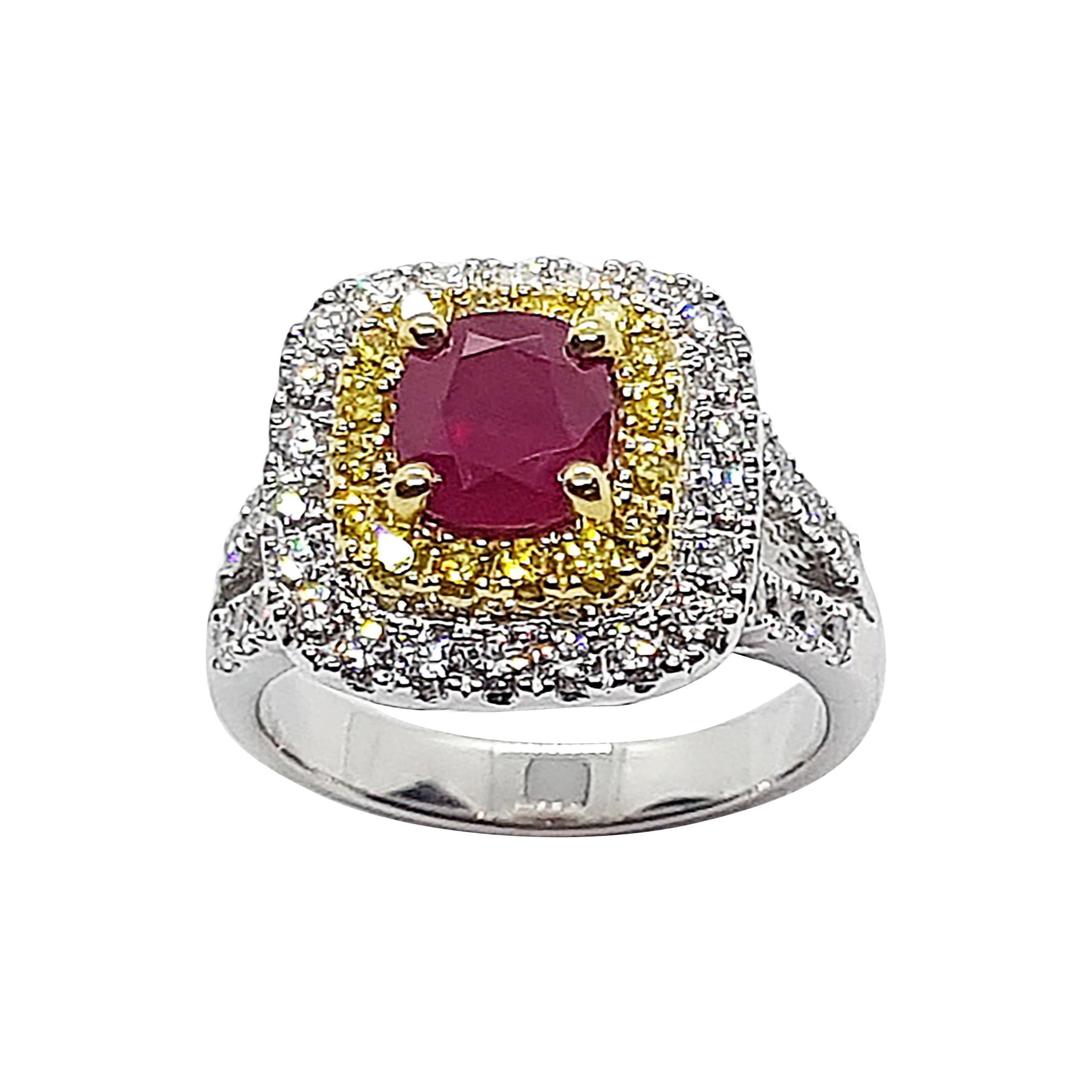 Certified Burmese Ruby, Diamond and Yellow Diamond Ring in 18 Karat White Gold
