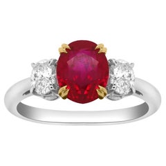 Certified Burmese Ruby Diamond Platinum Three Stone Cocktail Engagement Ring 