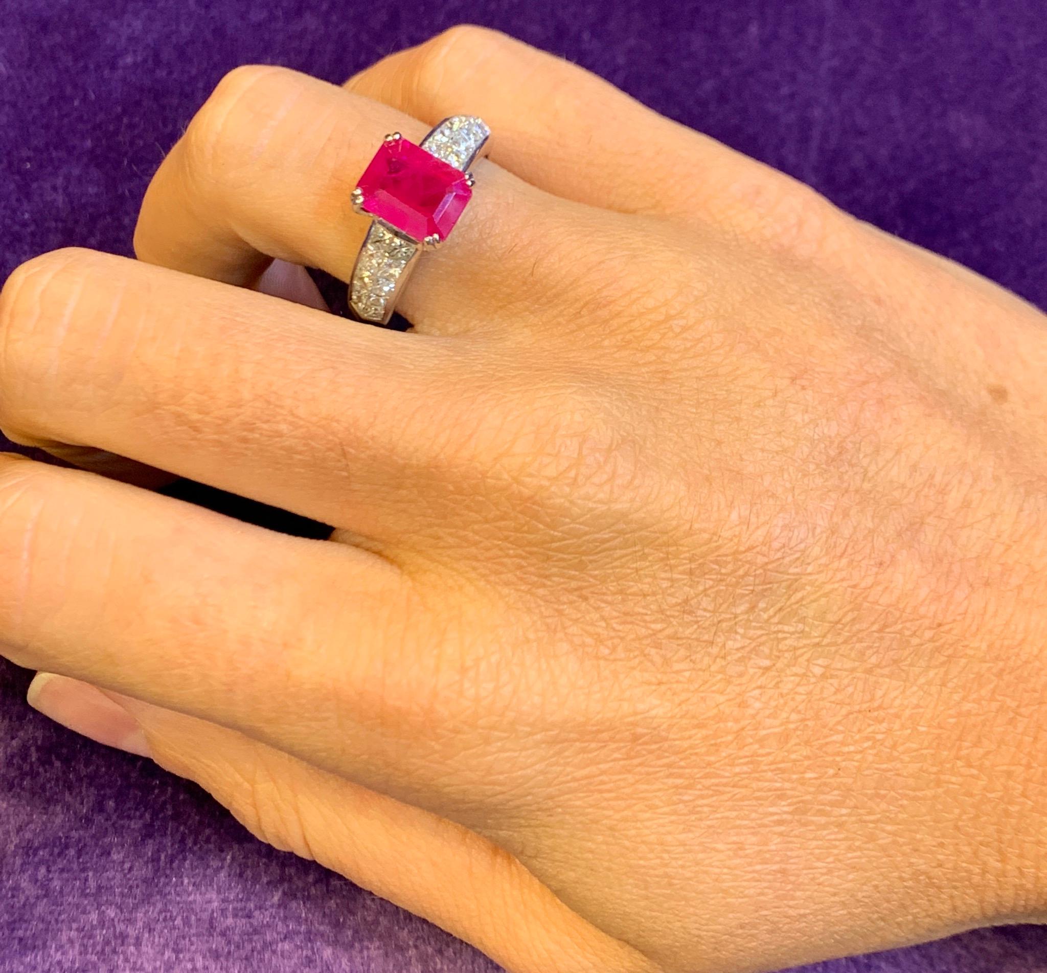 Emerald Cut Certified Burmese Ruby & Diamond Solitaire Ring  For Sale